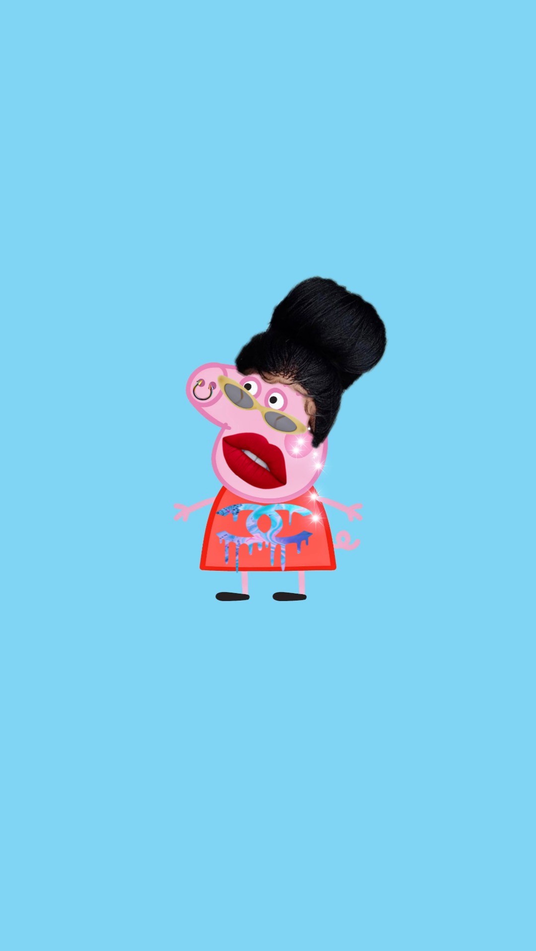 A humorous edit of Peppa Pig with a stylish updo, sunglasses, red lipstick, and a Chanel-inspired dripping logo on her dress, set against a bright blue background
