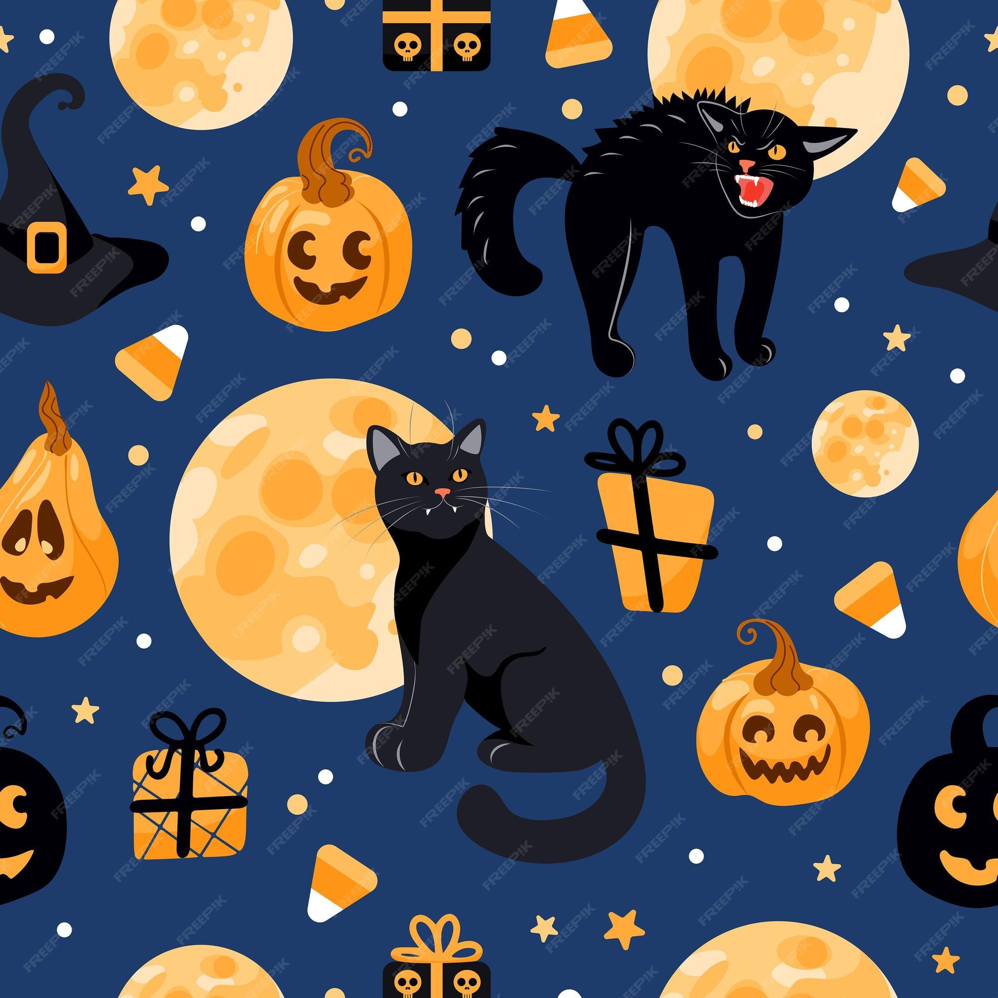 Premium Vector Halloween seamless pattern black cat moon witch
