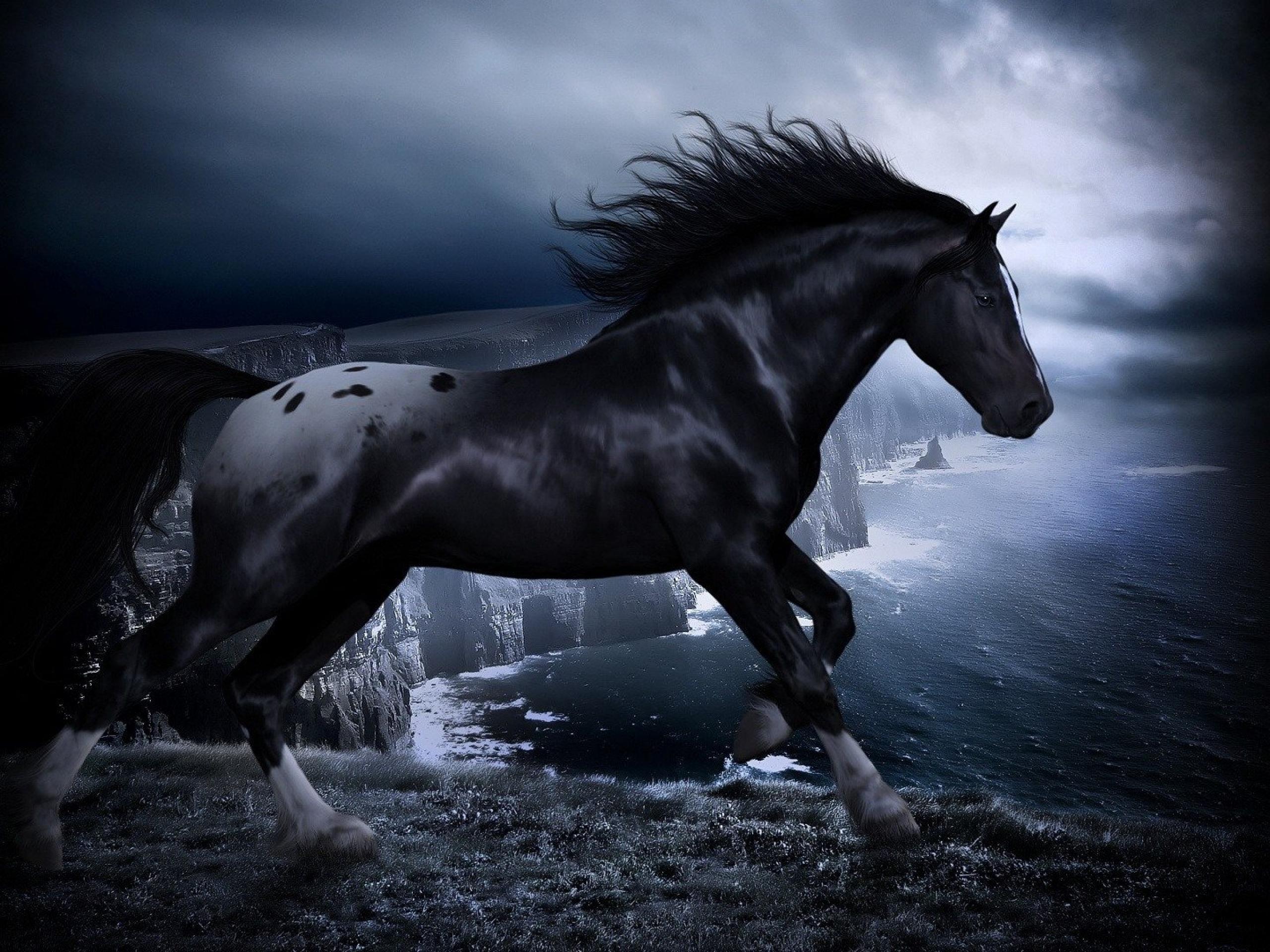 A majestic black horse with white spots gallops along a dramatic cliff edge overlooking a stormy sea, its mane and tail flowing in the wind