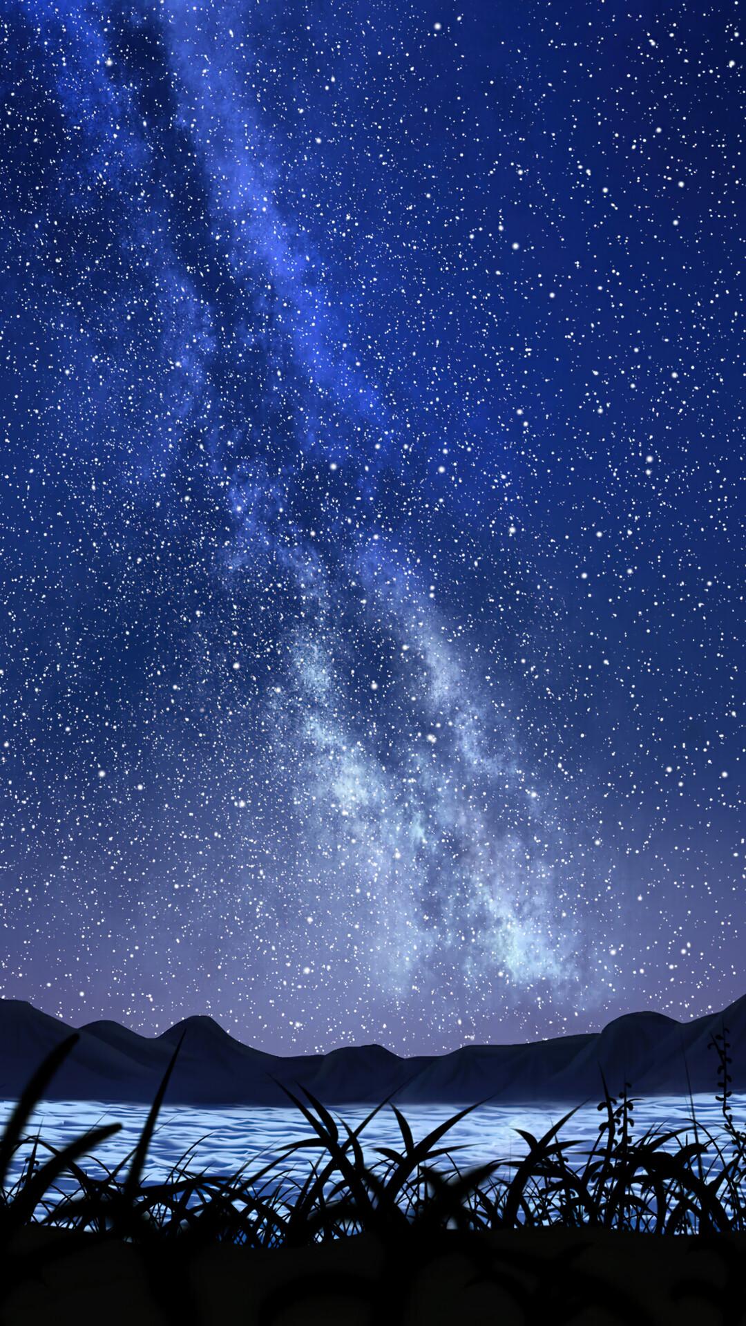 Anime Night Sky Starry Stars Scenery 4K Wallpaper iPhone HD Phone
