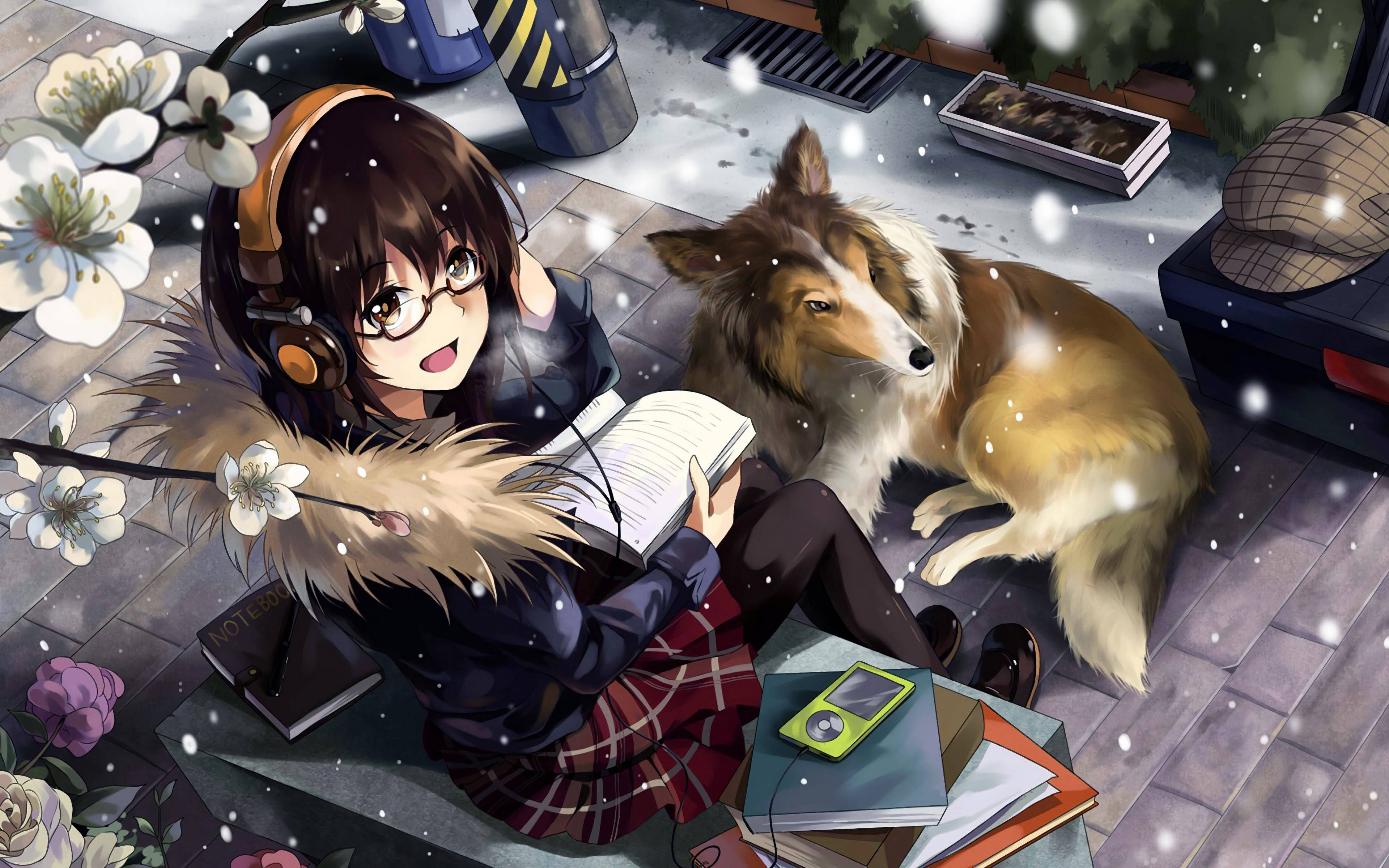 Anime Dog And Girl Winter Scene Wallpaper