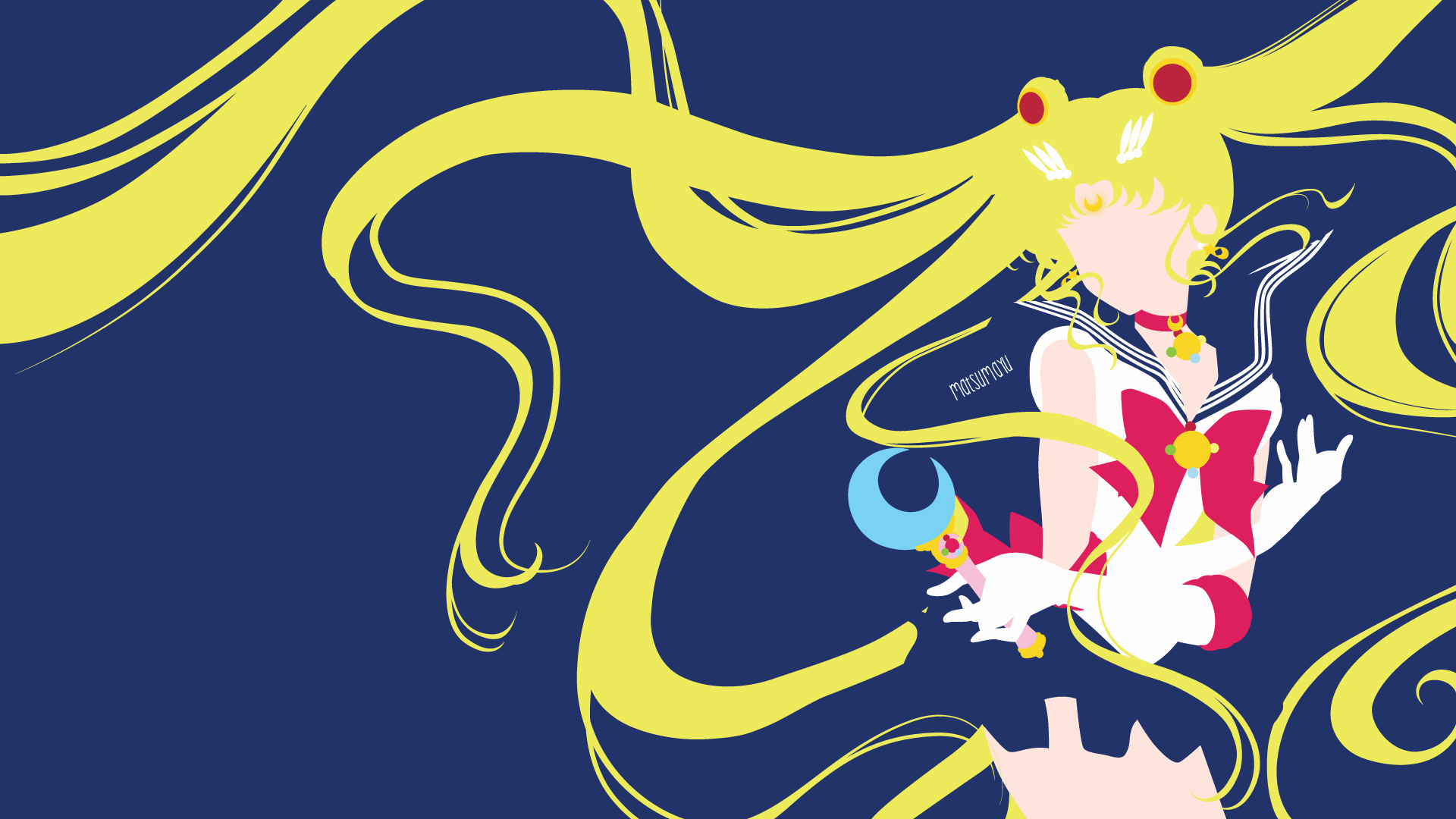 A minimalist, stylized illustration of Sailor Moon against a dark blue backdrop. Her iconic long, blonde hair flows dramatically, and she holds her crescent moon wand. The image uses a flat color palette and bold shapes to create a modern and striking visual
