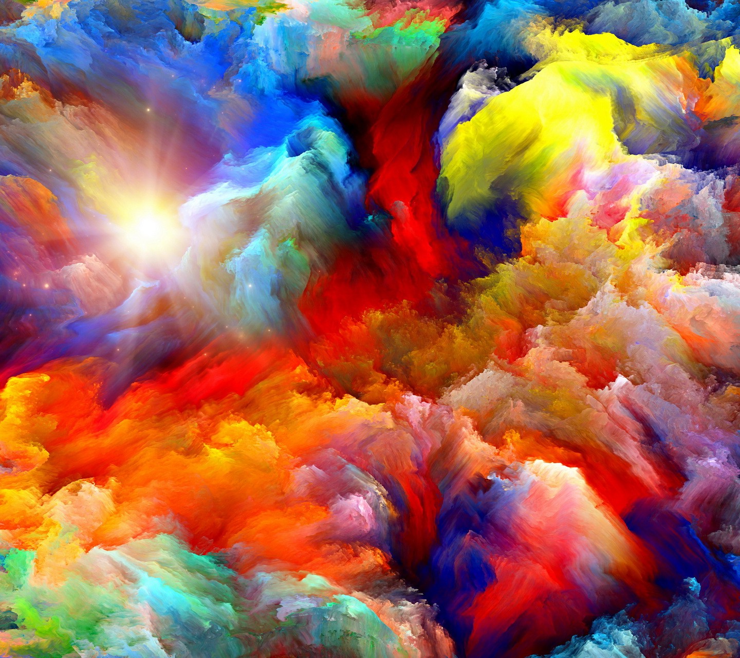 A vibrant and dynamic abstract background generated by a computer, featuring swirling clouds of color and a bright light source