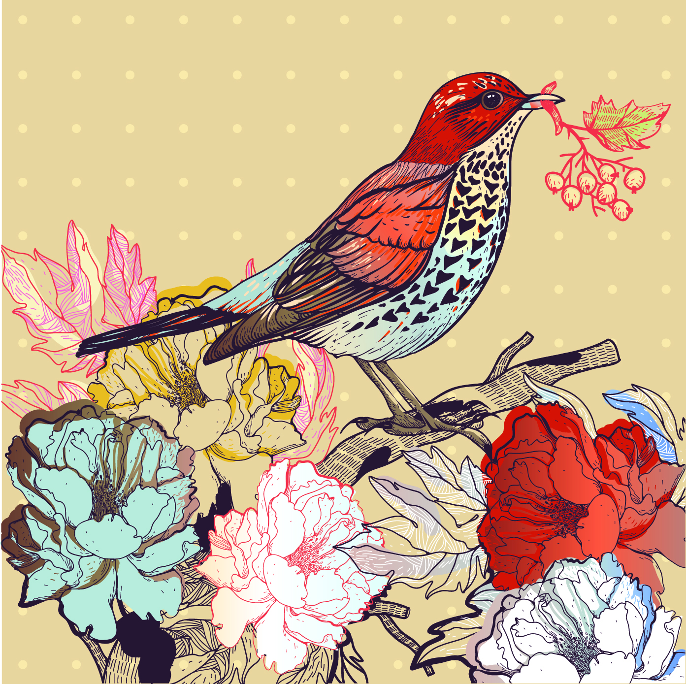 Hand Drawn Floral Background With Birds Vector Animal