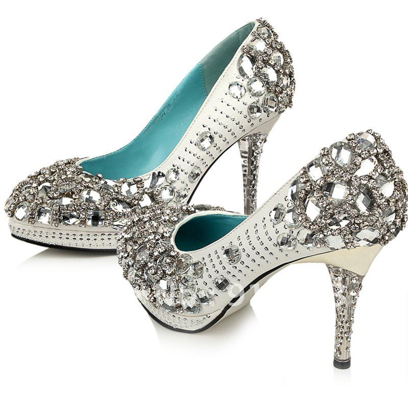 Bridal Silver Colour Pearls High Heels Shoes