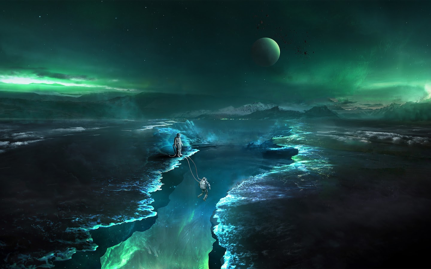 Astronauts explore a surreal, alien world with glowing green aurora, a large planet in the sky, and a deep chasm filled with bioluminescent life