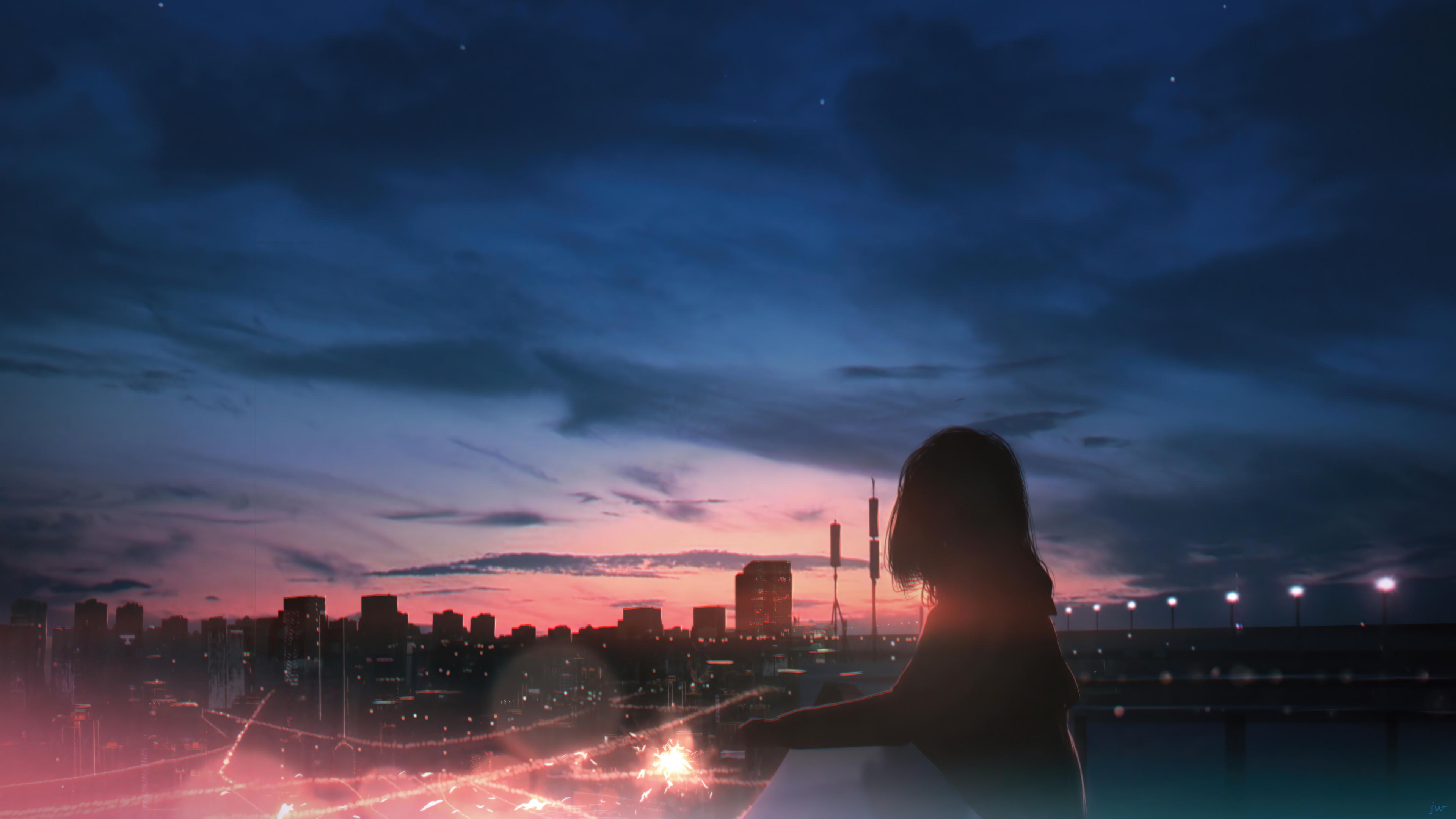 Anime Girl Silhouette City Sunset Scenery 4k Wallpaper iPhone HD