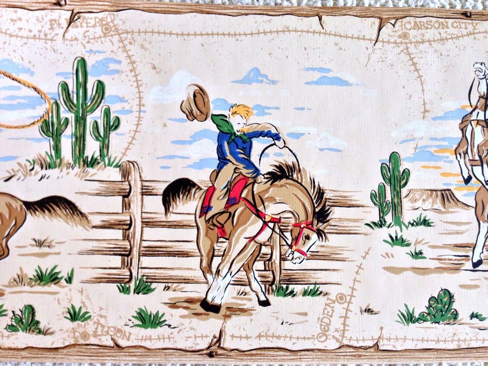 Old West Bucking Bronco Cattle Roping Cowboy Wallpaper Border