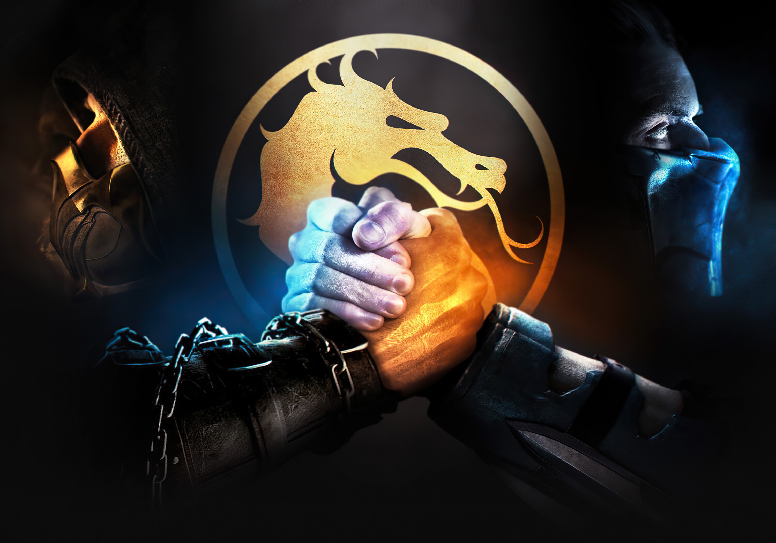 Mortal Kombat vs DC Universe Wallpaper: Scorpion and Sub-Zero Shaking Hands with the Mortal Kombat Dragon Logo