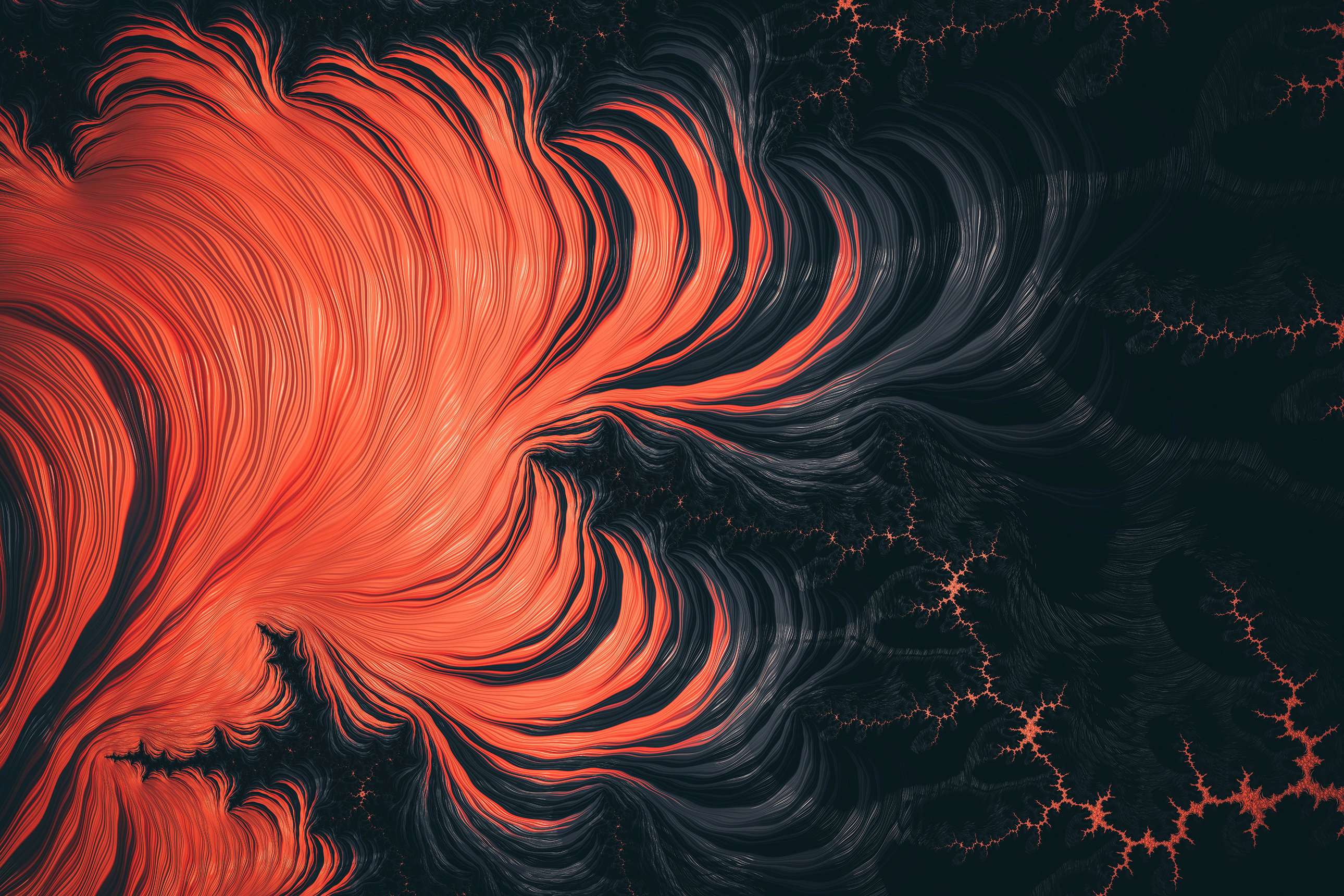 Abstract artwork with flowing orange and black lines, resembling fiery energy or lava flow