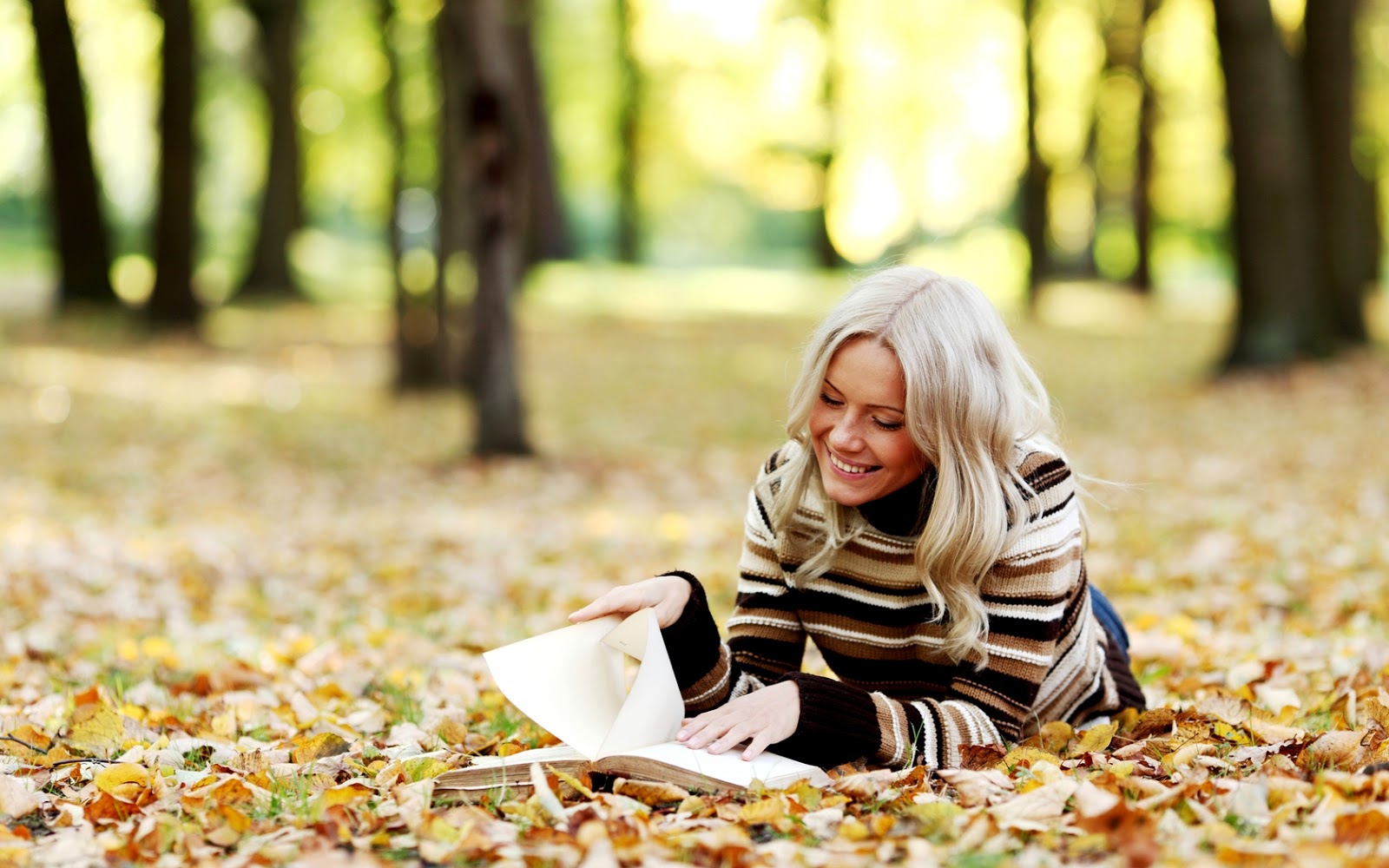 Blonde Girl Reading Book On Yellow Leaves HD Autumn Wallpaper