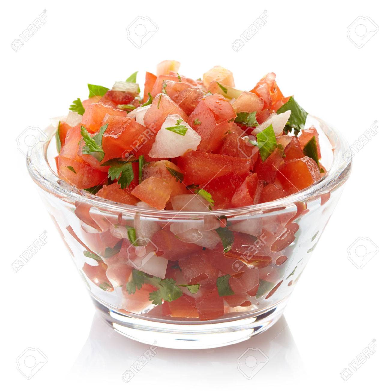 Bowl Of Fresh Salsa Dip Isolated On White Background Stock Photo