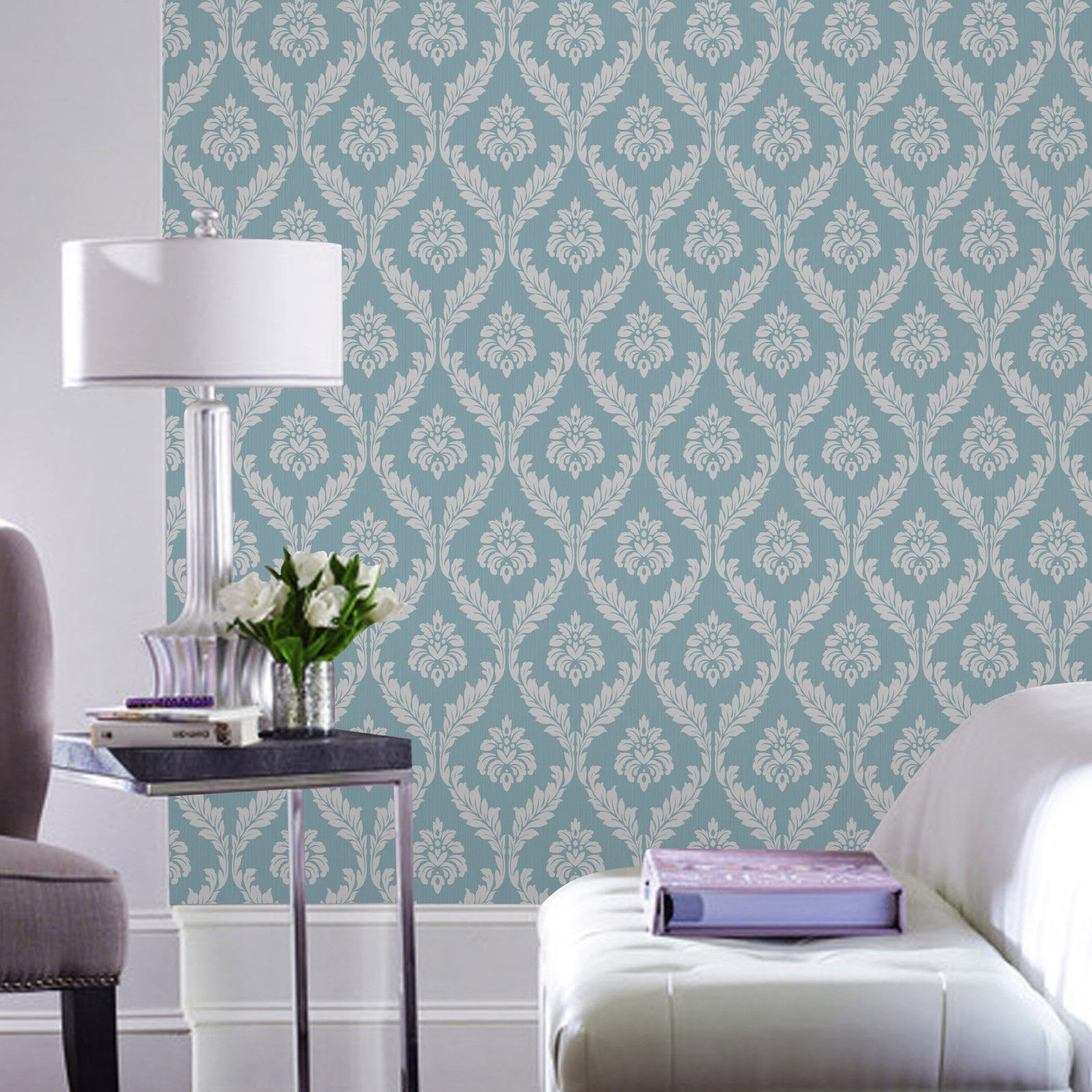  Roll Size Grey Floral Damask Teal Background Texture Vinyl Wallpaper 1600x1600