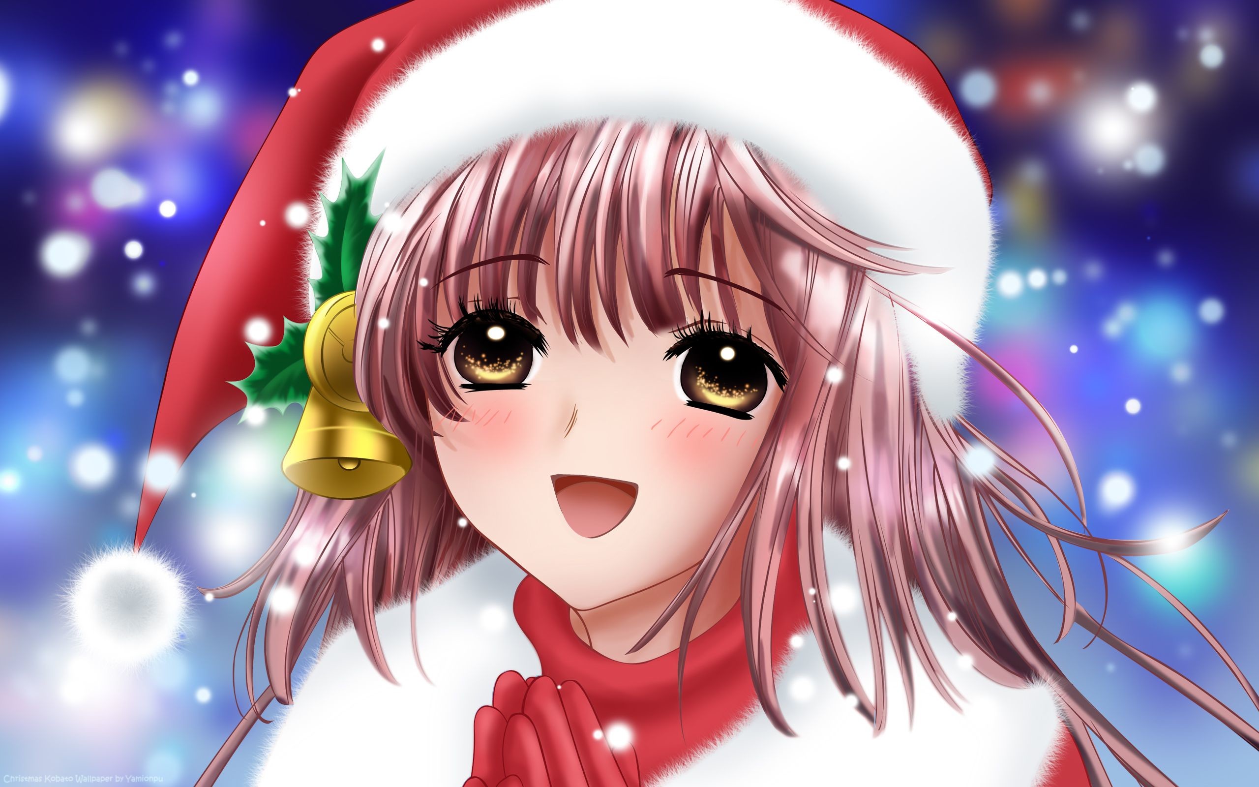 Cute anime girl with a Christmas hat and a joyful expression in a snowy scene