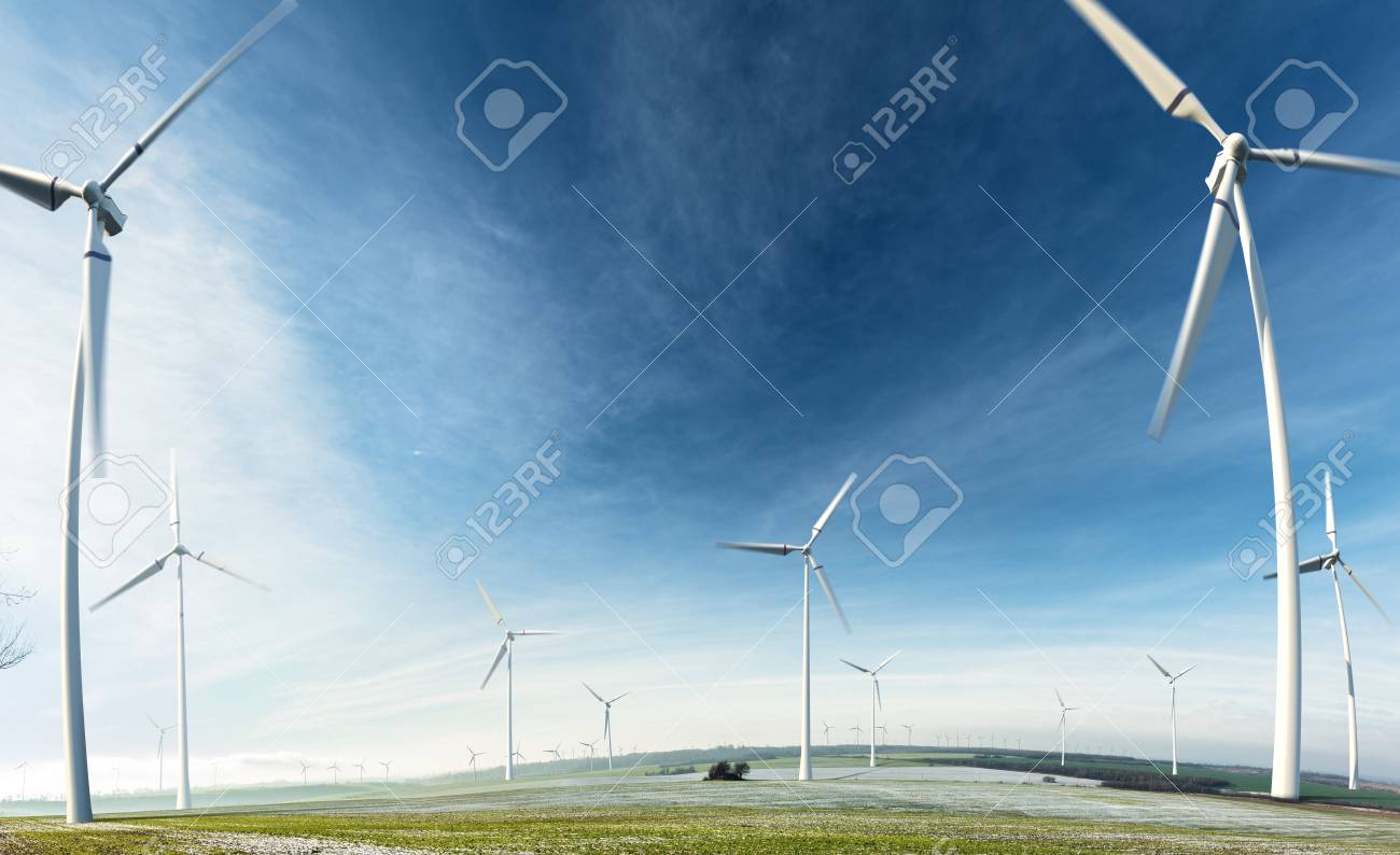 Green Energy Background Beautiful Landscape With Windmill Forest