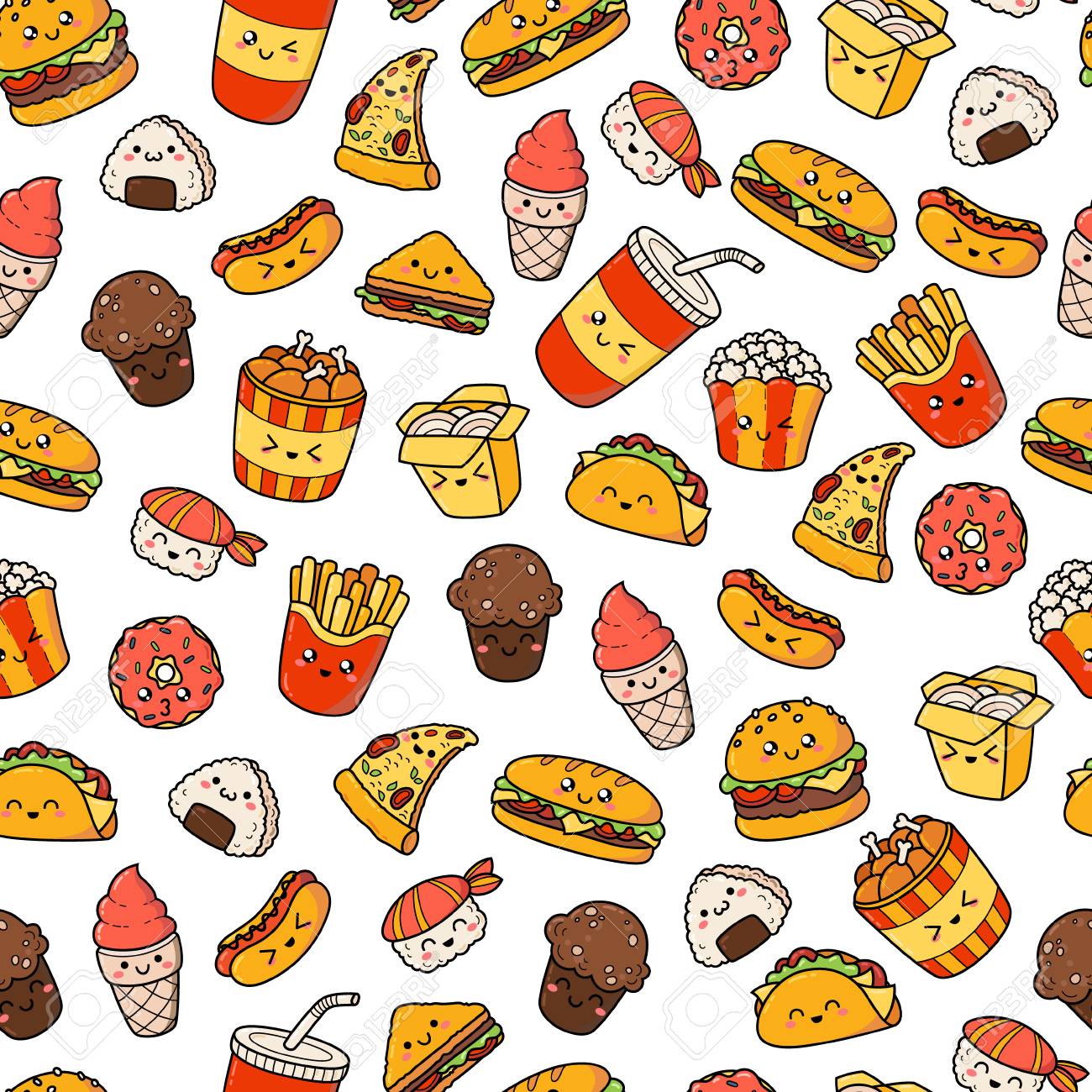 Set Of Vector Cartoon Doodle Icons Junk Food Illustration Of