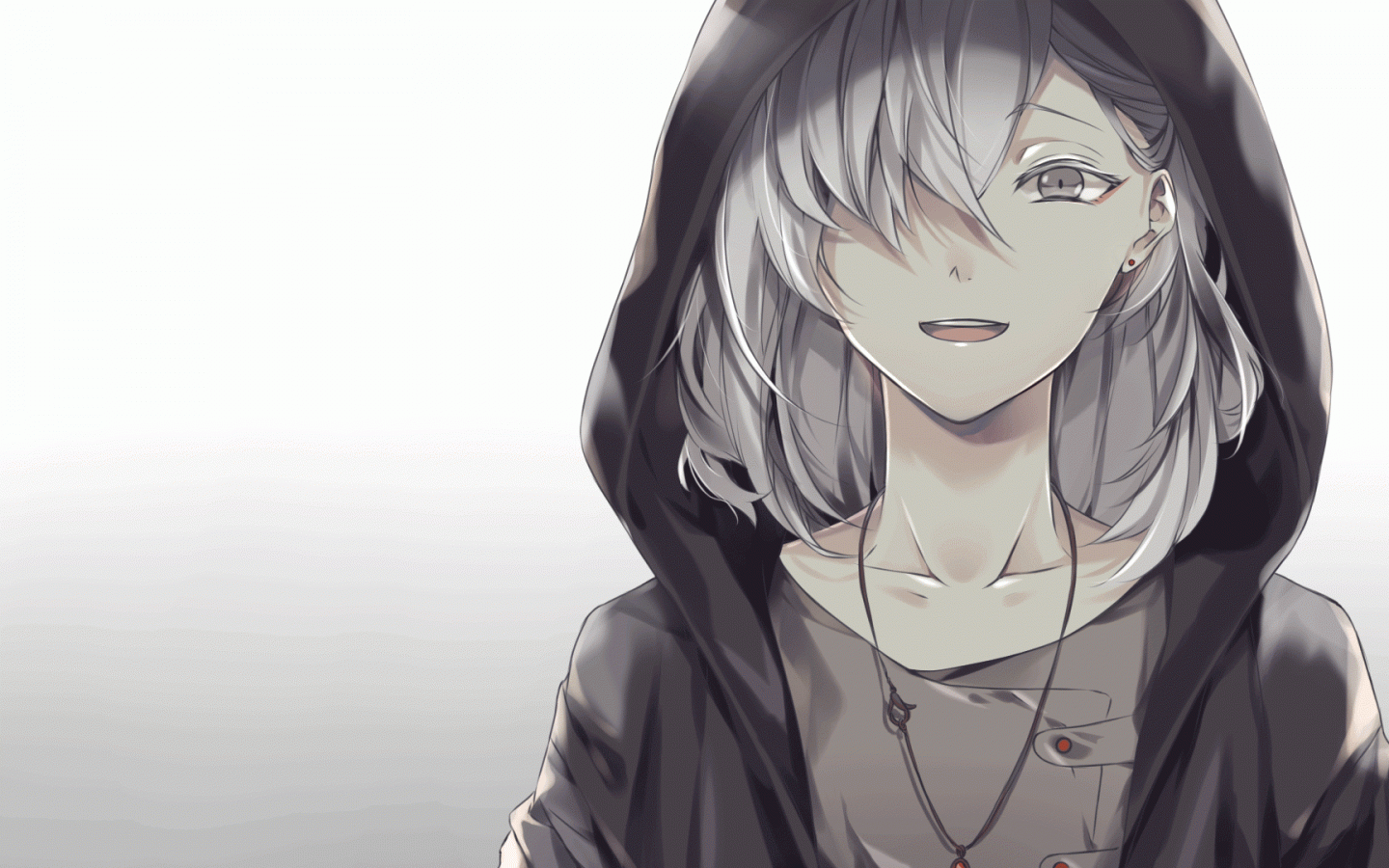 Anime Boy White Hair Hoodie Smiling Necklace