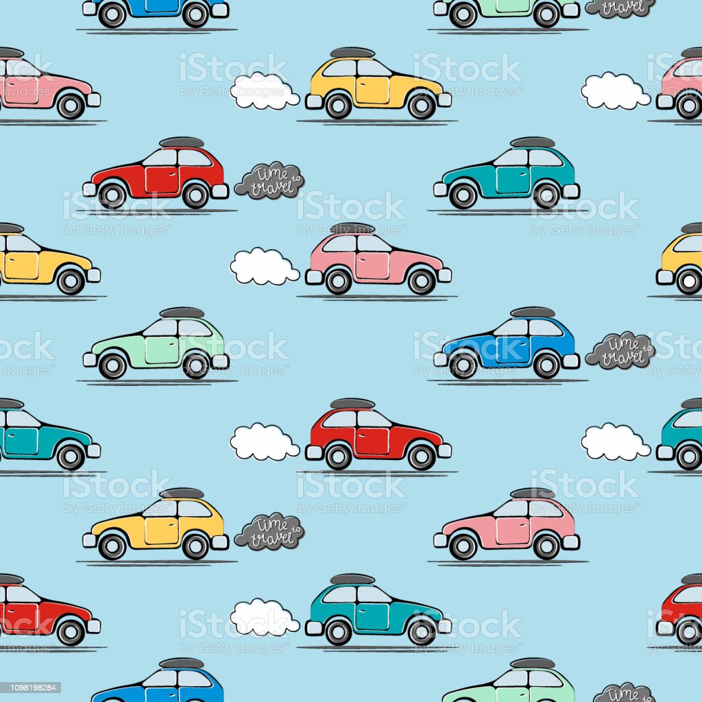 Seamless Pattern With Hand Drawn Colorful Car Perfect For Kids