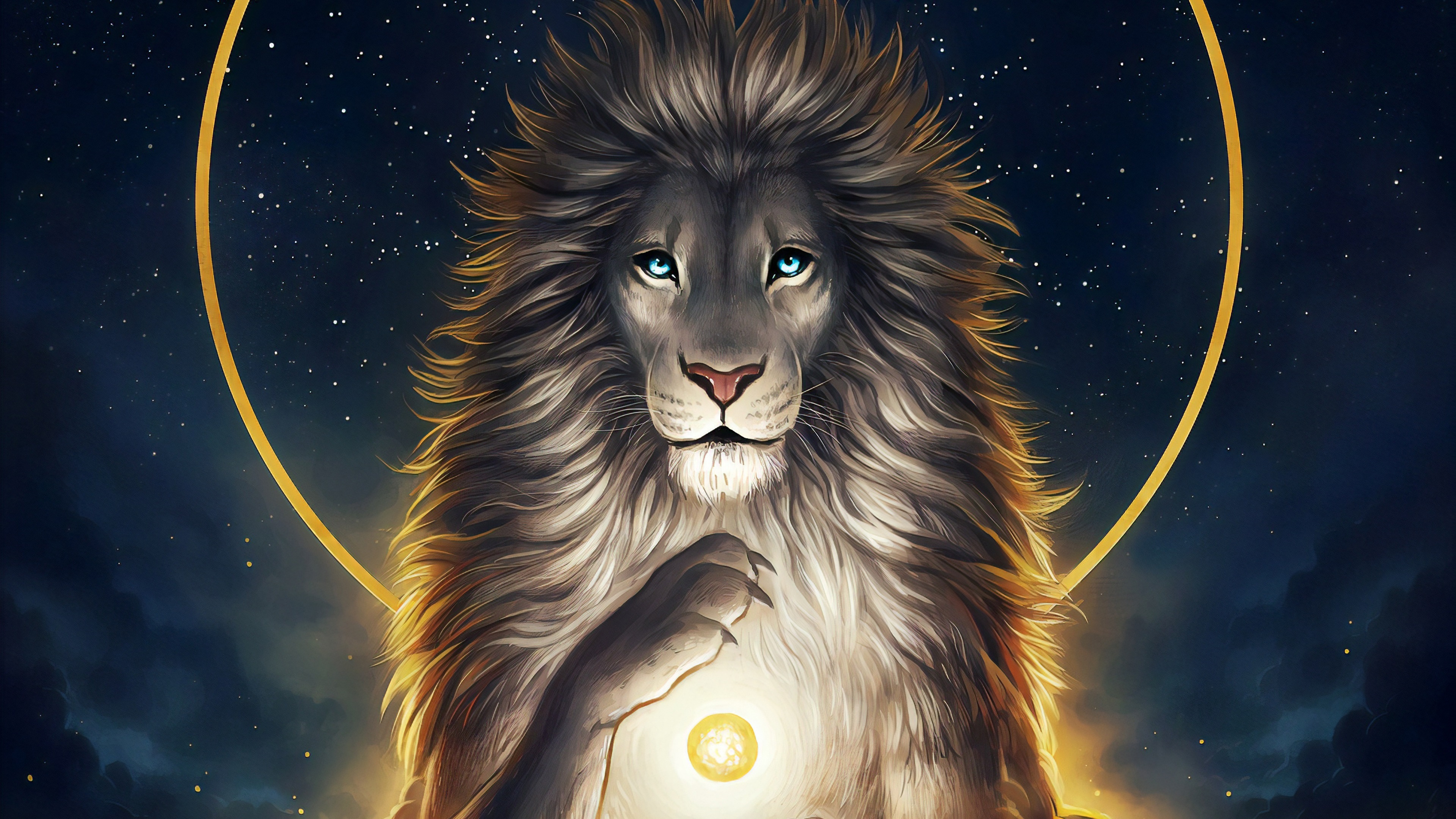 Majestic Lion with glowing mane holding a cosmic orb against a starry night sky