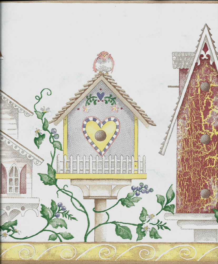 Country Birdhouses On Pale Blue Yellow Trim Wallpaper Border