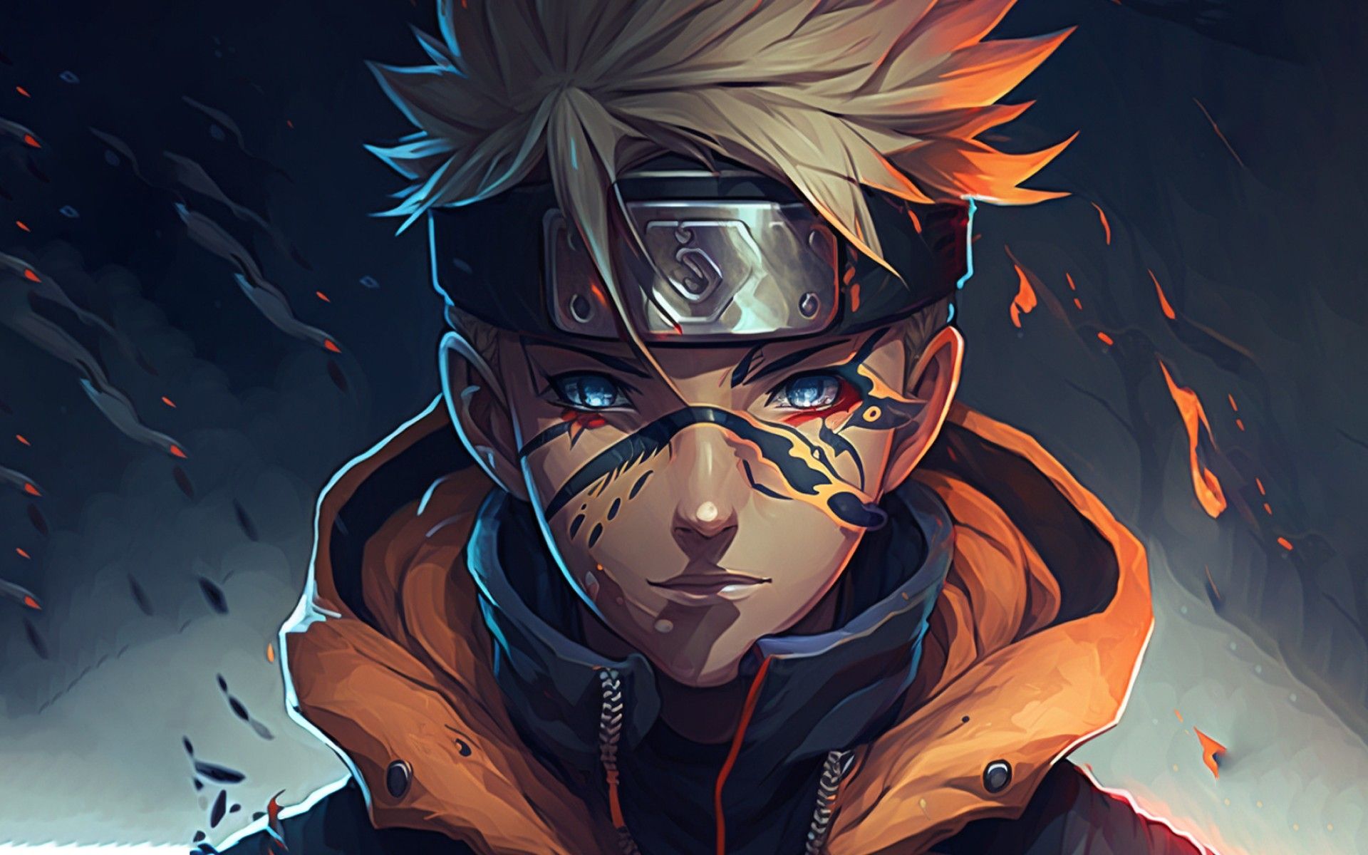 Close-up of Naruto Uzumaki with glowing blue eyes and face markings, wearing an orange hooded jacket, against a dark, dynamic background with flame-like effects