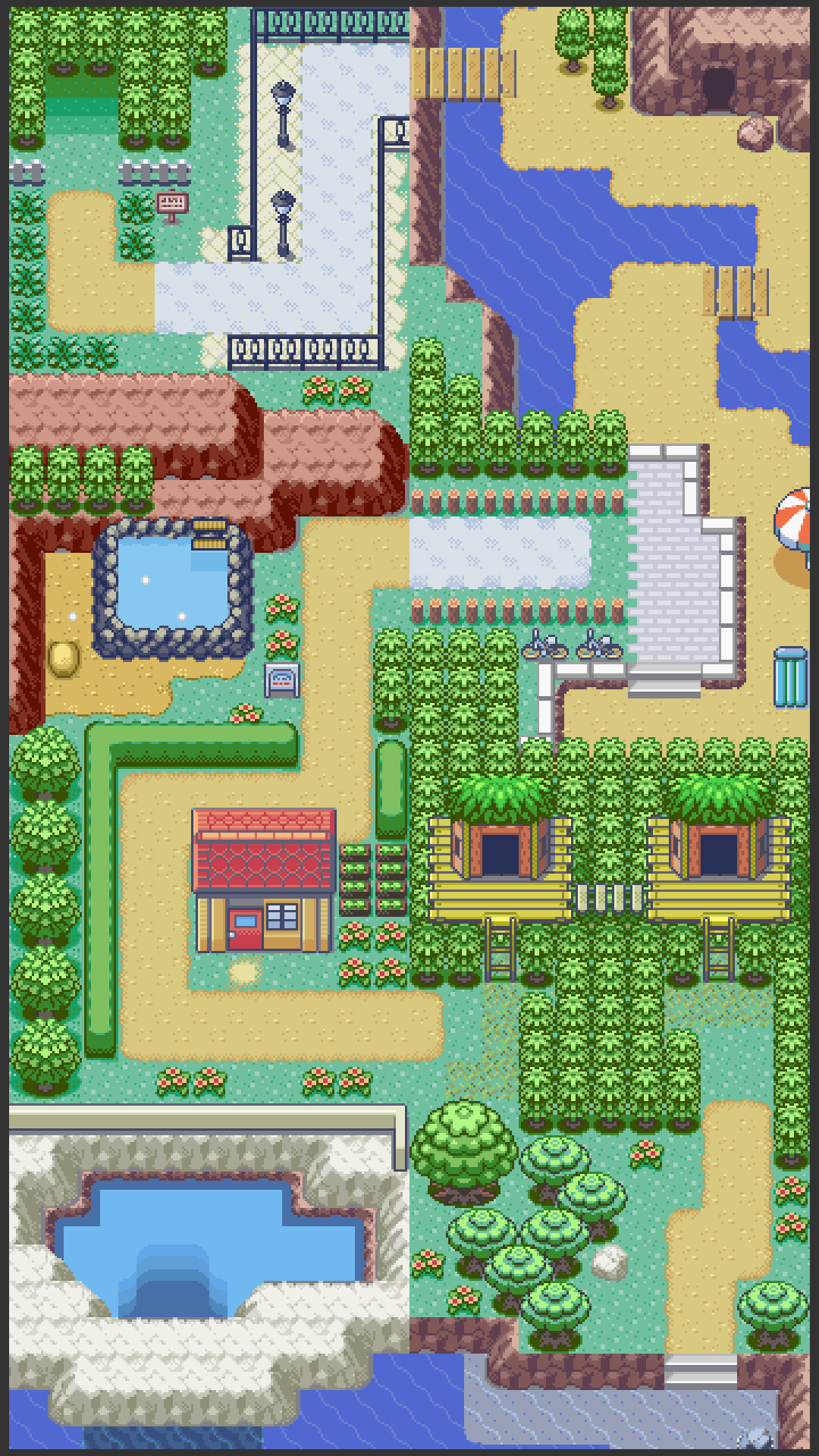 Pixel art depiction of a Pokemon town, ideal for phone wallpapers