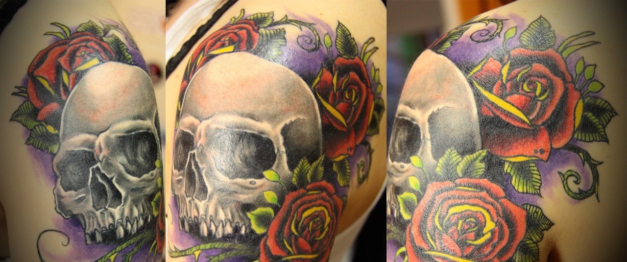 Nice Color Tattoo With A Skull On Purple Background Tattoos