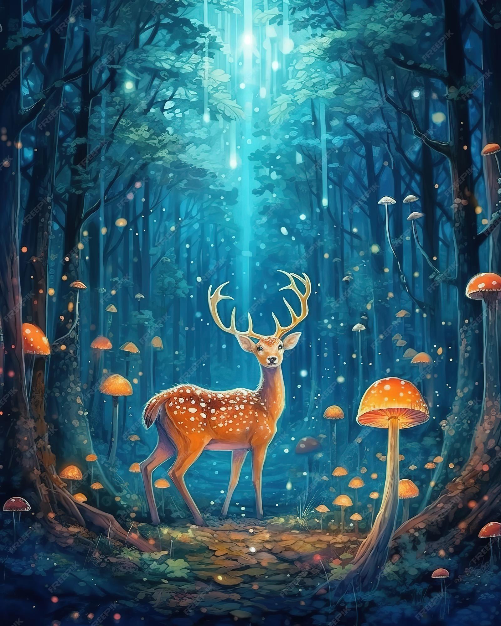 Premium Photo A Deer In Forest With Mushrooms