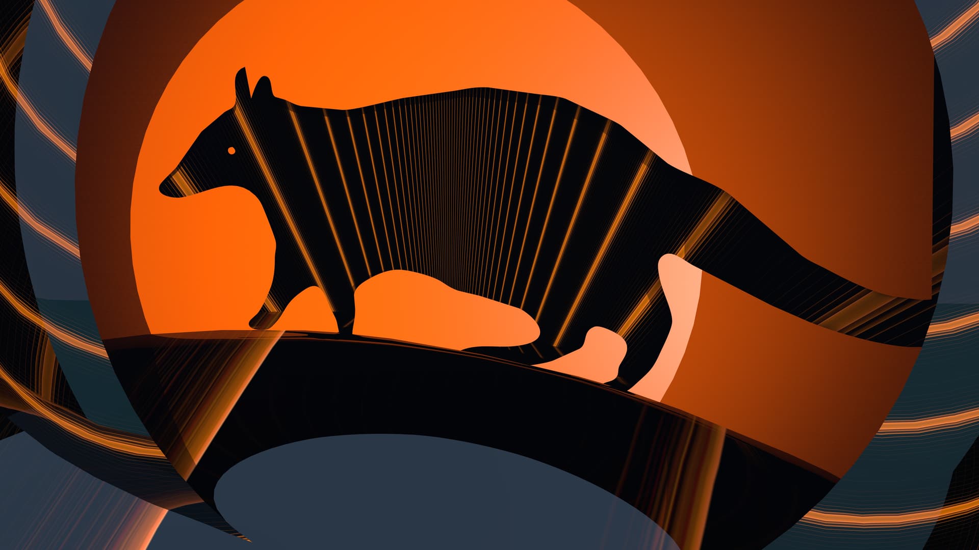 A stylized silhouette of a numbat against a vibrant orange backdrop, reminiscent of a sunset. The numbat is depicted in mid-stride, with vertical orange lines creating a dynamic and artistic effect