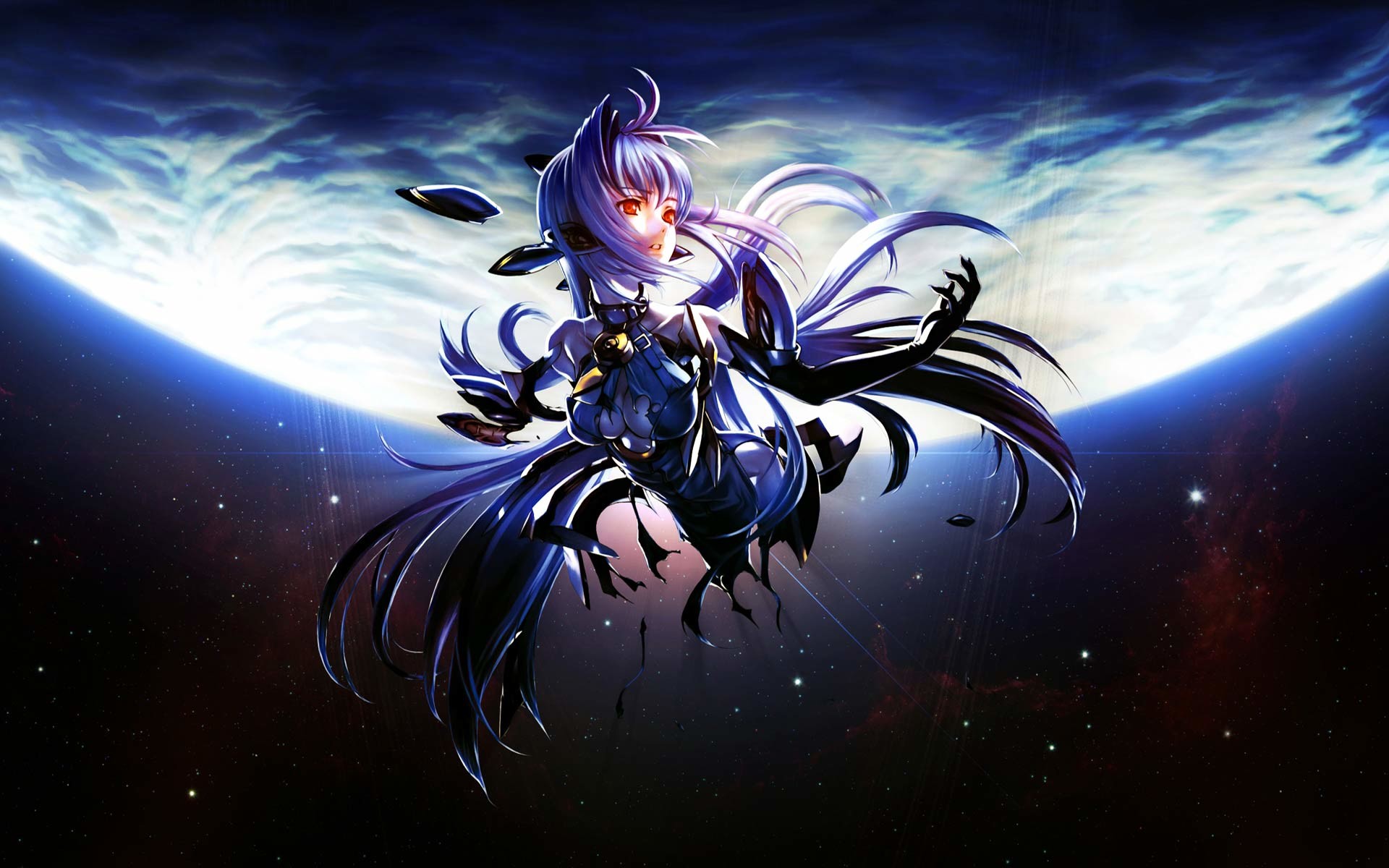 A cool anime wallpaper featuring a female character in a futuristic outfit floating in space