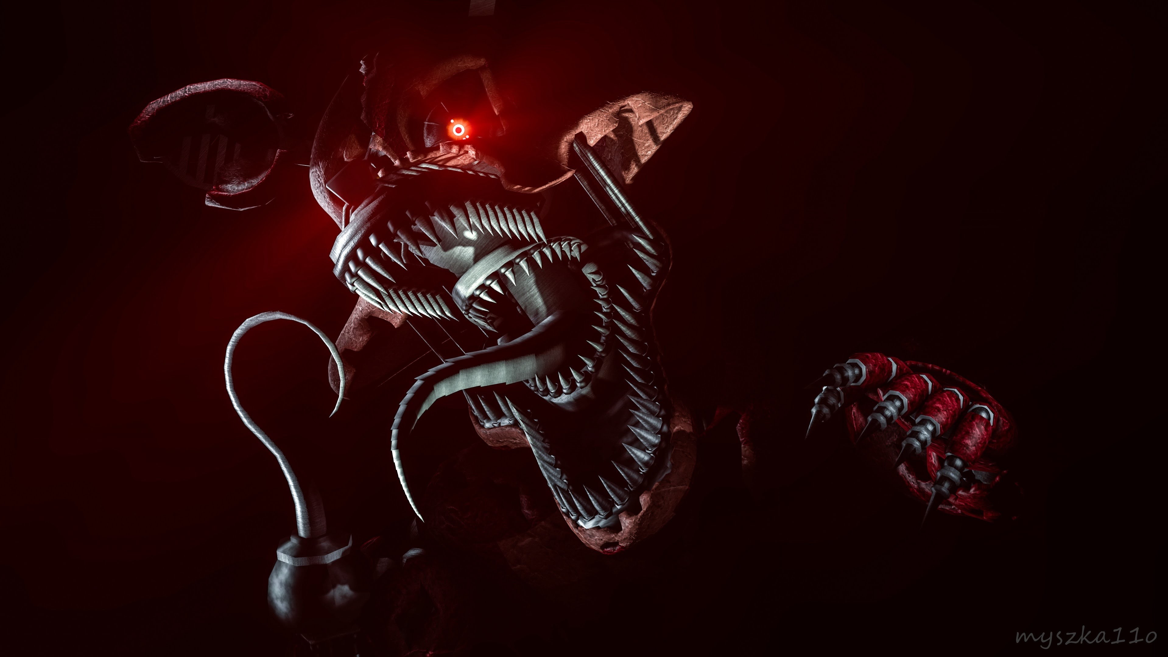 A menacing close-up of Nightmare Foxy from the Five Nights at Freddy's series, showcasing its sharp teeth, glowing eye, and hook