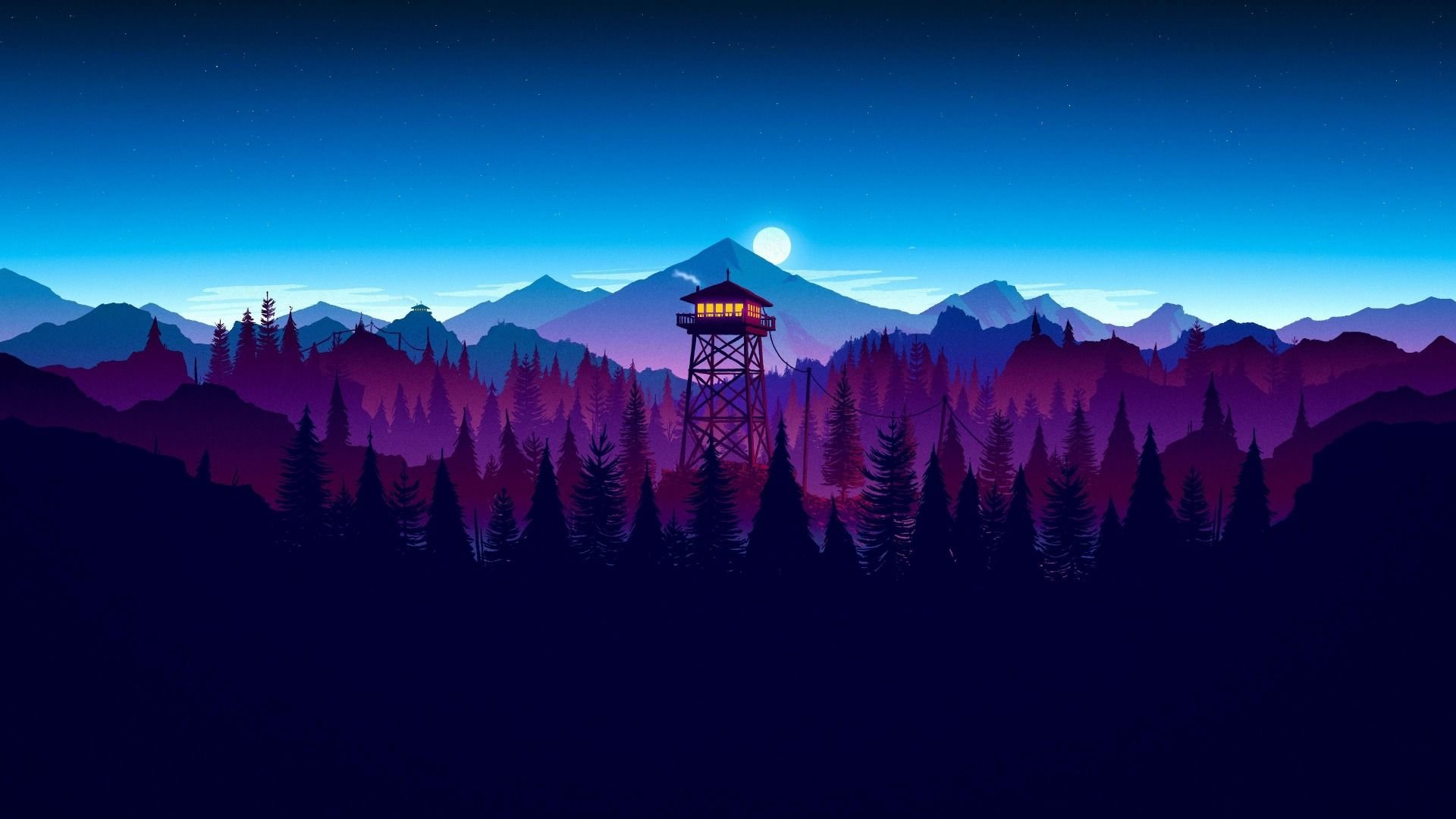 Minimalist purple mountain landscape with a fire lookout tower at night and a full moon