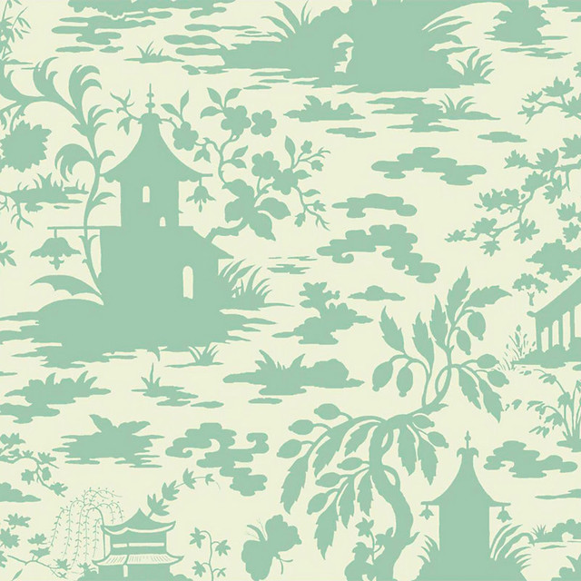 Asian Scenic Toile Wallpaper Salmon Pink White Double Roll