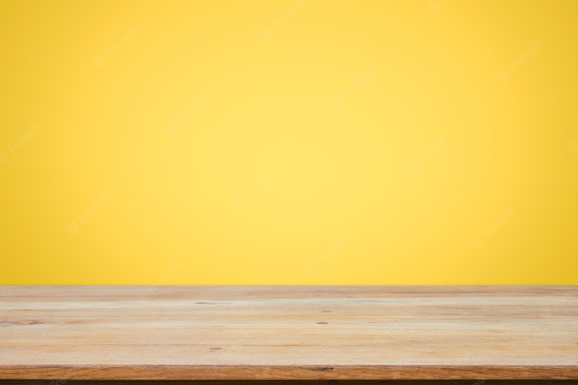 Premium Photo Empty Wooden Deck Table Over Yellow Wallpaper
