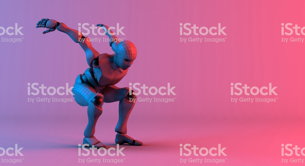 Robot Wireframe Prepare Jump On Gradient Red Violet Background