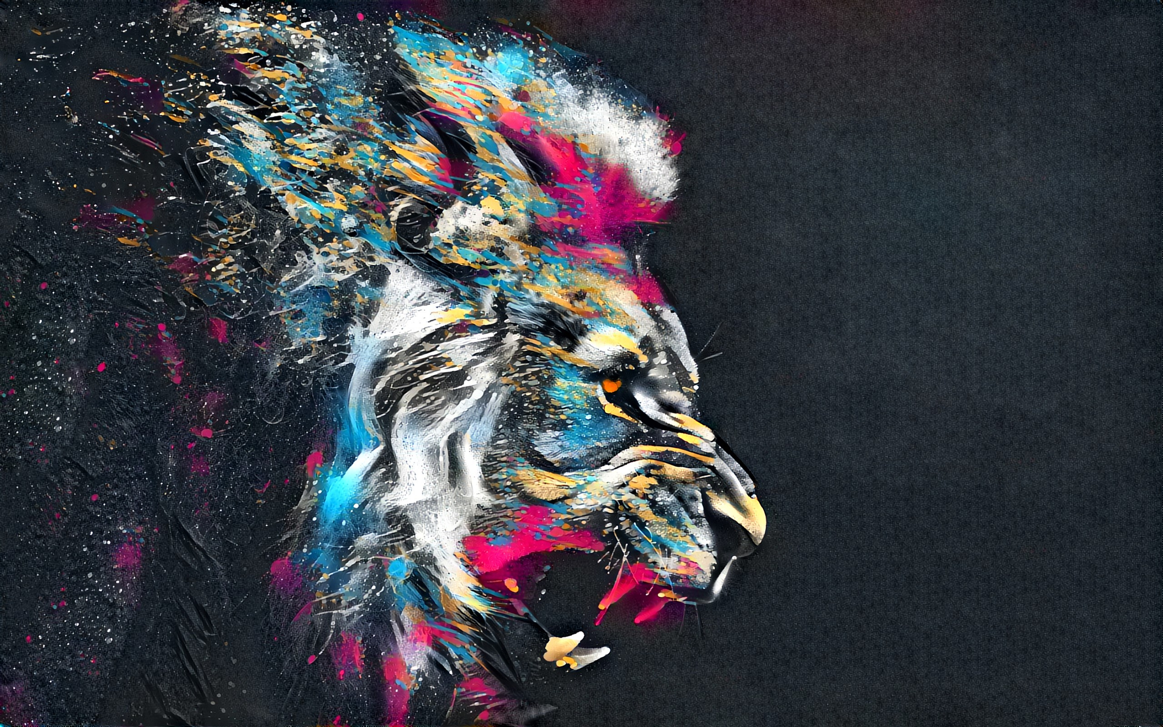 A colorful, artistic portrait of a roaring lion against a dark background. The lion's mane and face are painted with vibrant splashes of blue, gold, pink, and white, creating an abstract and powerful image