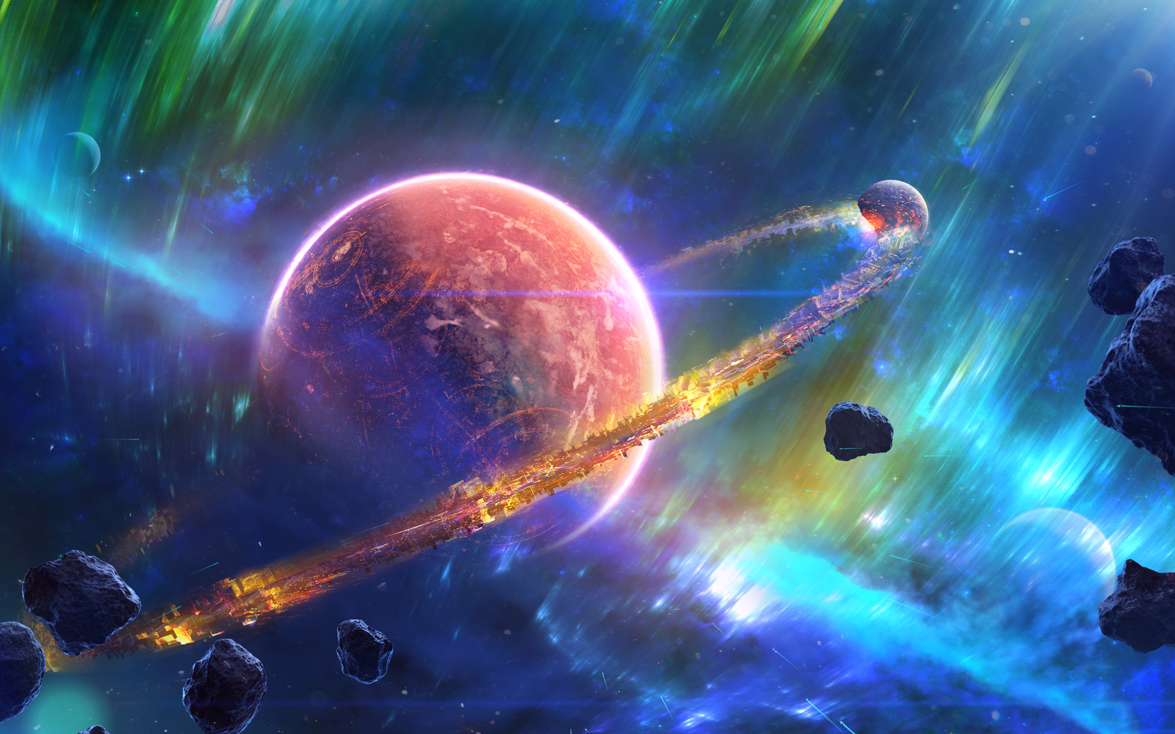 A 4k space wallpaper featuring a vibrant, fiery planet with a partially destroyed ring, surrounded by asteroids and colorful nebulae