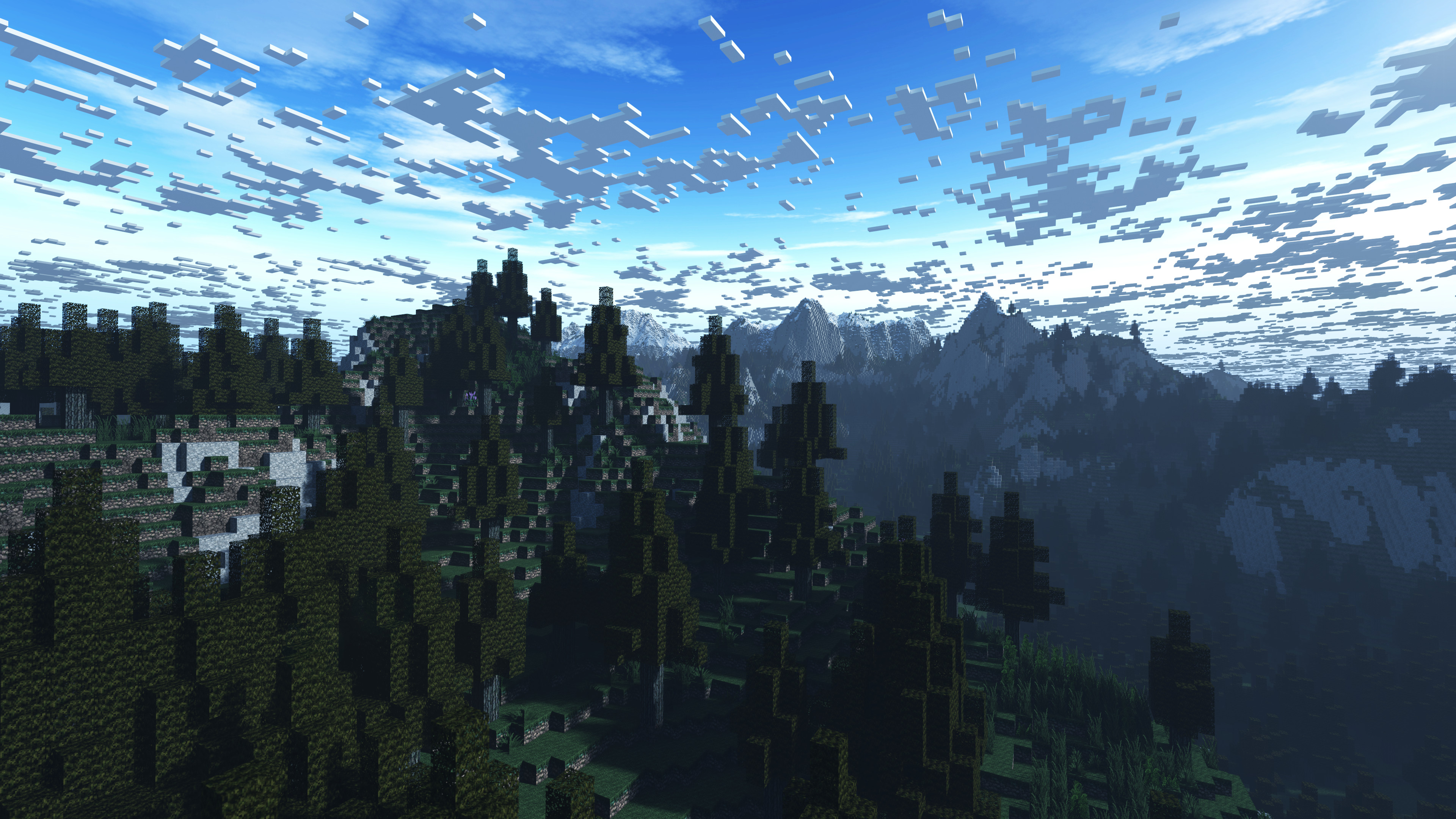 A scenic Minecraft landscape featuring pixelated mountains, forests, and a cloudy sky