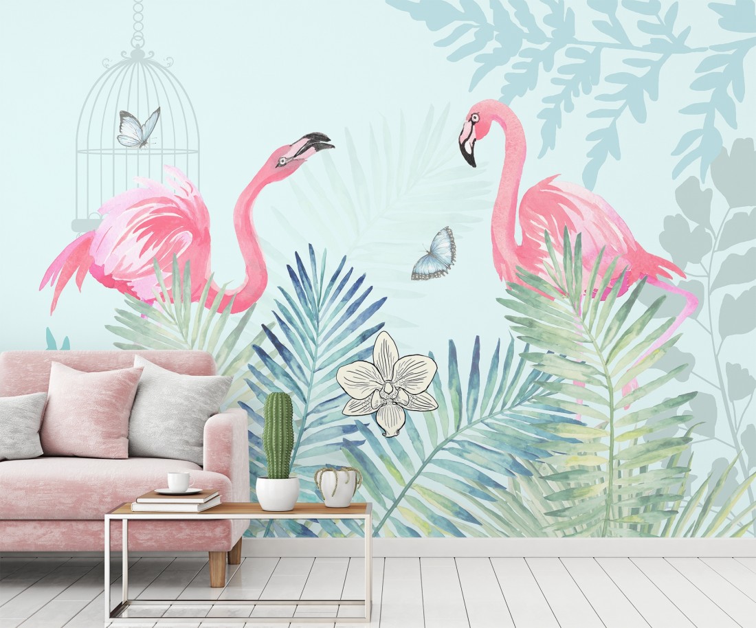 Vintage Pink Flamingo With Tropical Leaves Wallpaper Mural