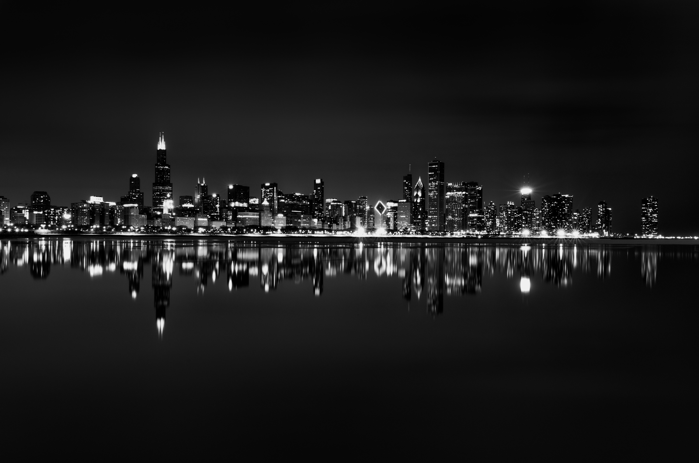 Chicago Skyline Black And White Wallpaper HD Background