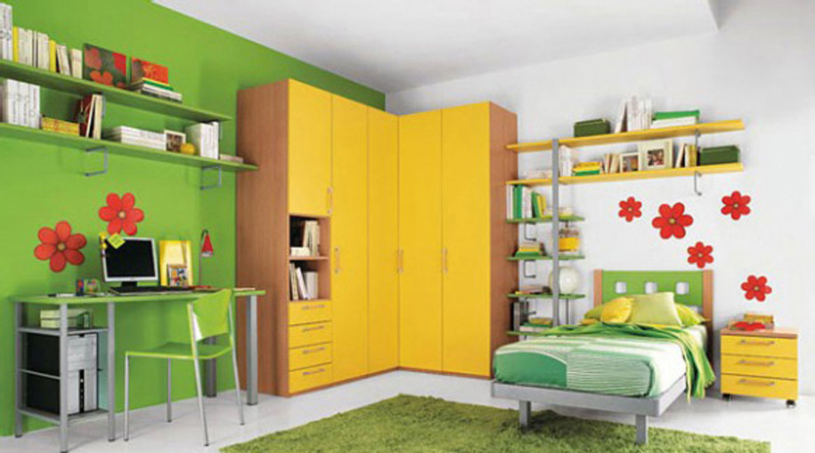 Green And White Wallpaper Small Kids Bedroom Design Ideas Yellow