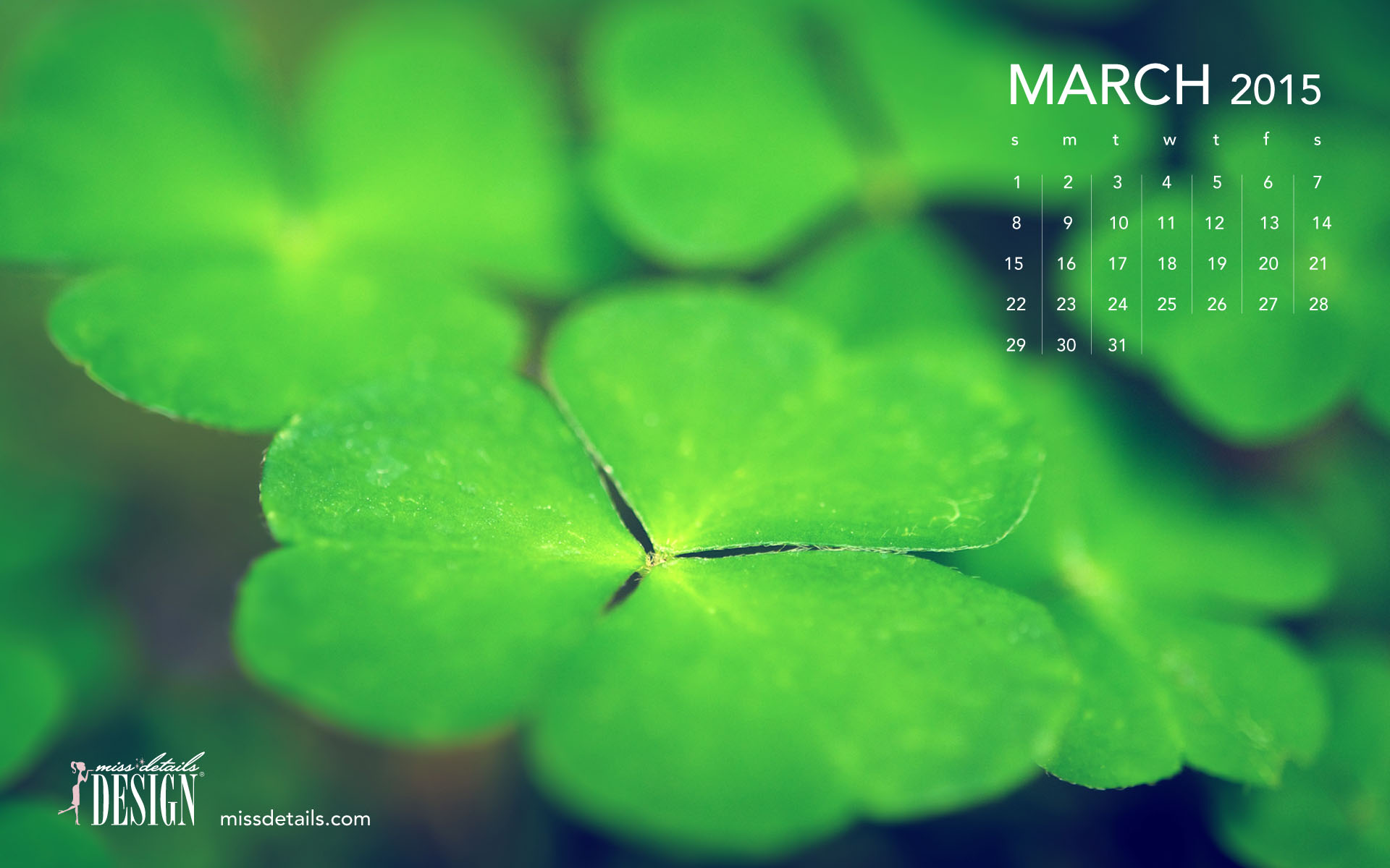 Free March 2015 desktop calendar from missdetailscom   Green Clovers 1920x1200