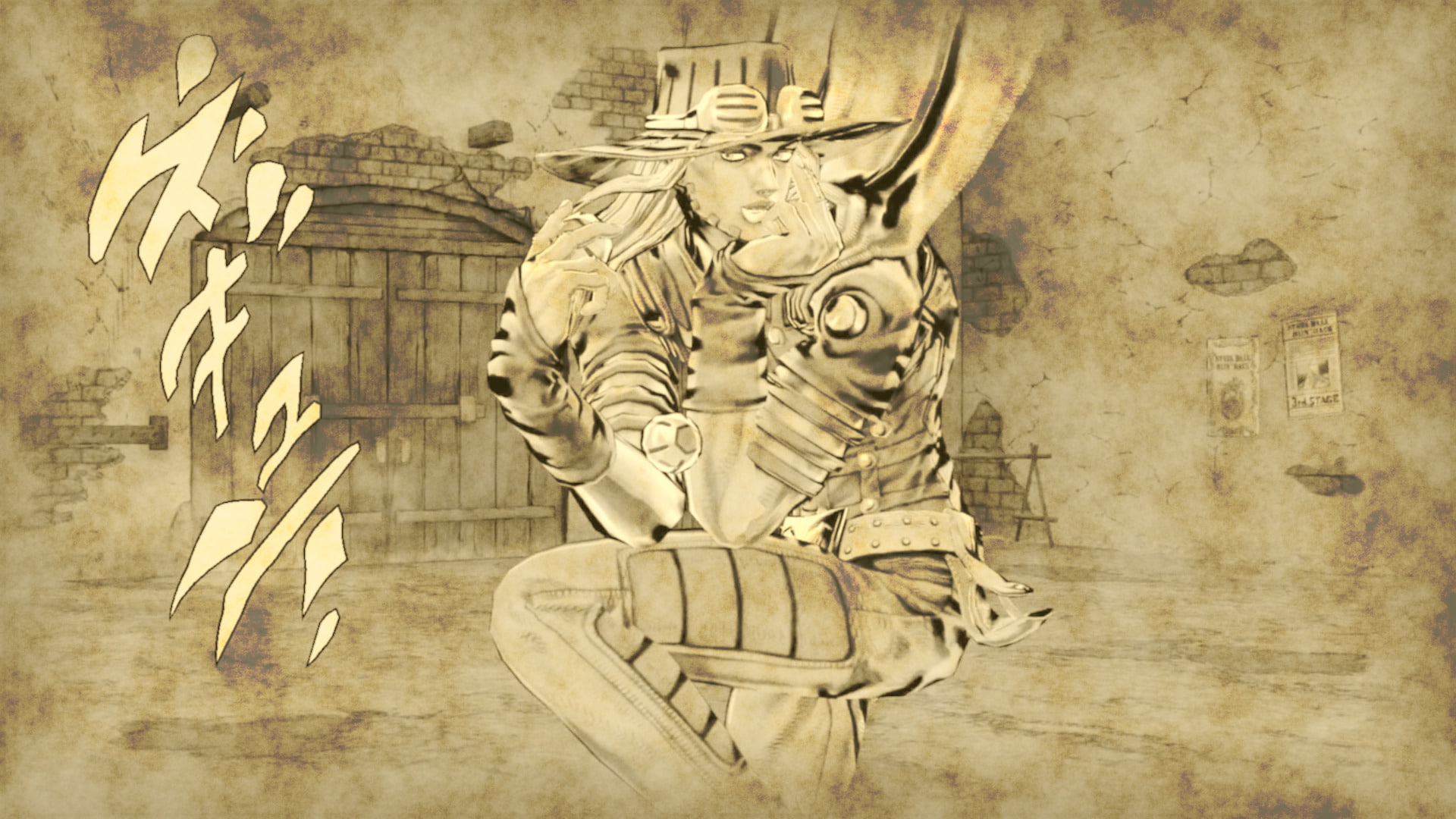 Sepia-toned illustration of Hol Horse from JoJo's Bizarre Adventure, striking a pose in a Western-style setting
