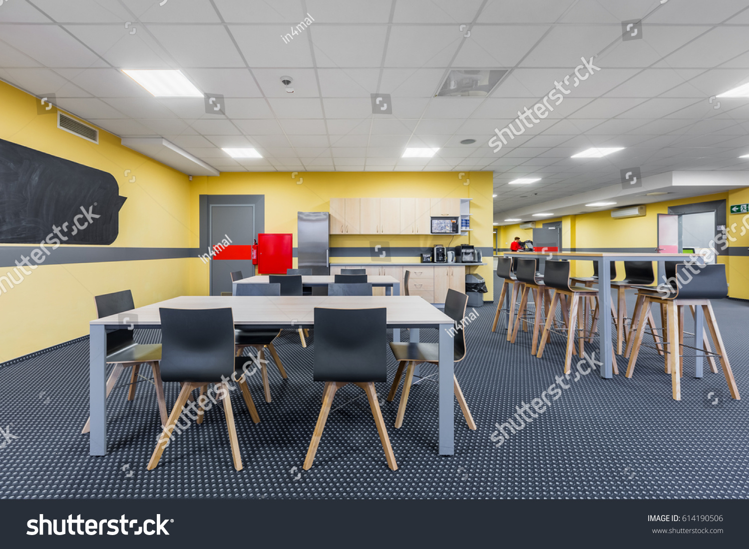 Modern Lunchroom Interior Wooden Tables Black Buildings