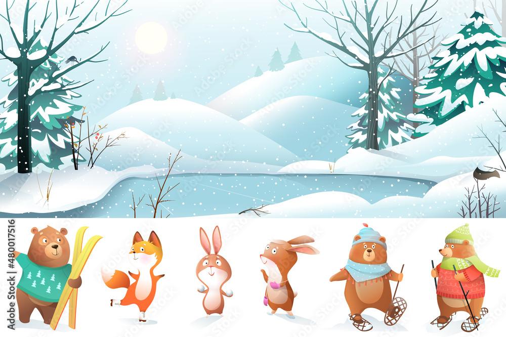 Christmas Forest And Snowy Nature Background Illustration Animals