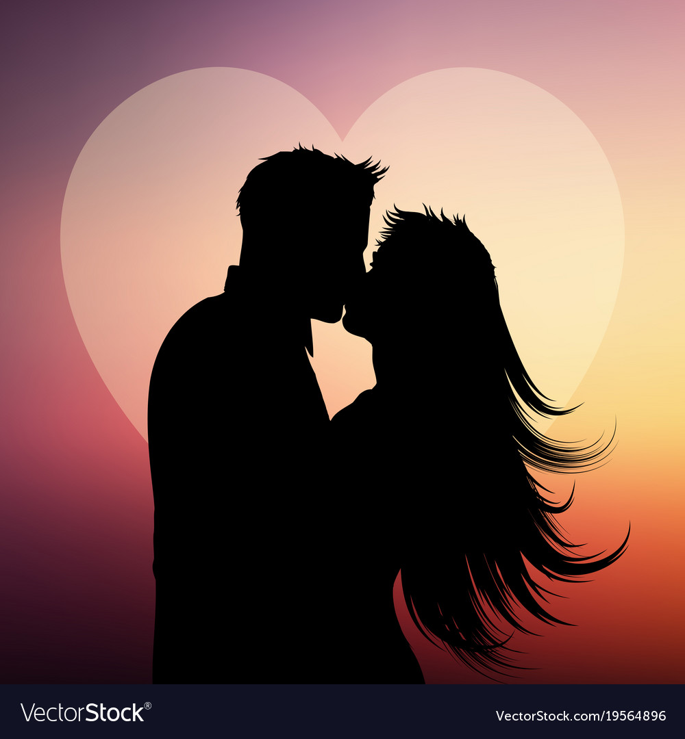 Silhouette Of Couple Kissing On A Heart Background