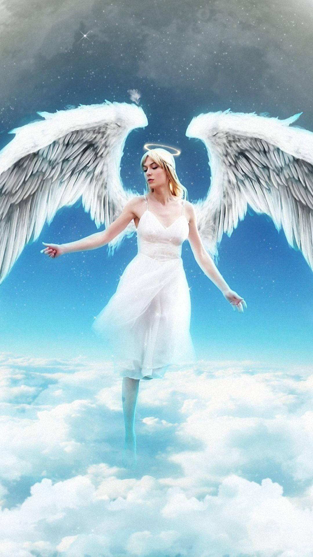 Angels In Heaven Flying Above Clouds White Dress