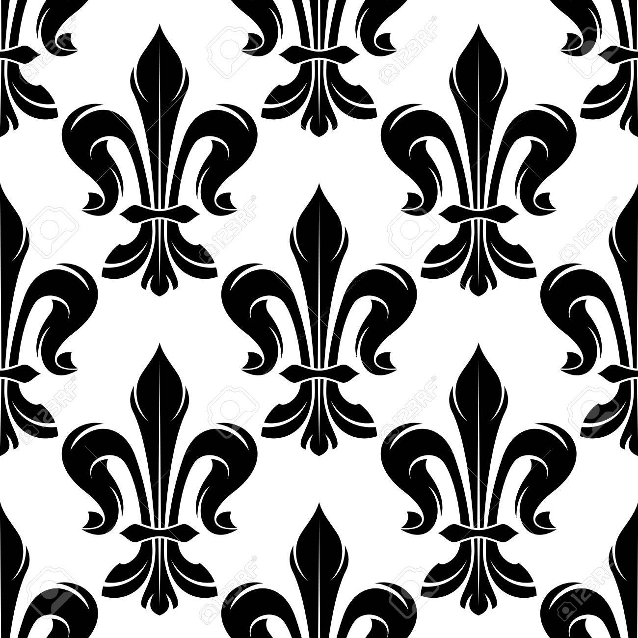 Seamless Black And White Fleur De Lis Pattern With Elegant Curled