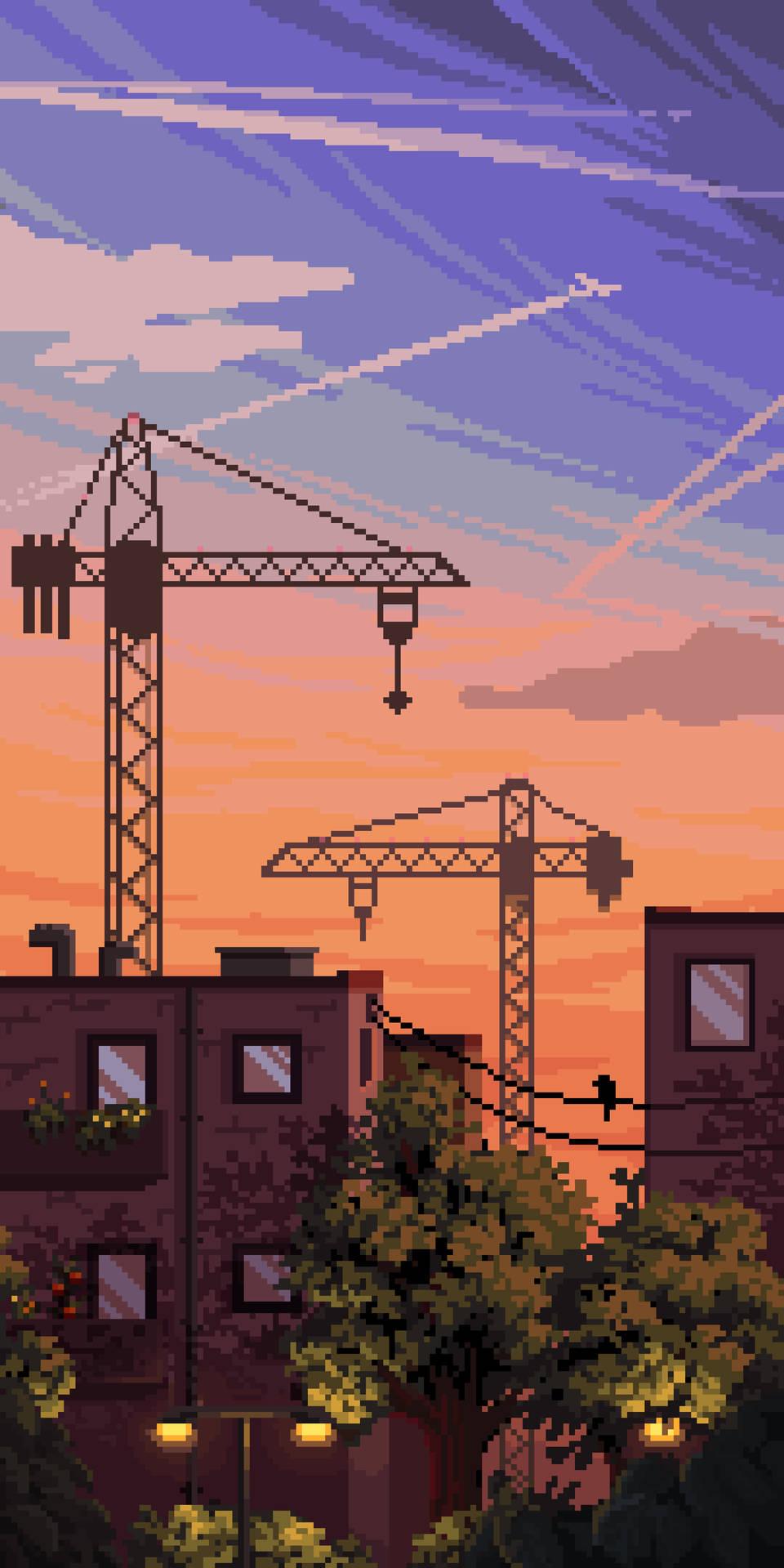 Buildings And Tower Cranes In Aesthetic Pixel Art
