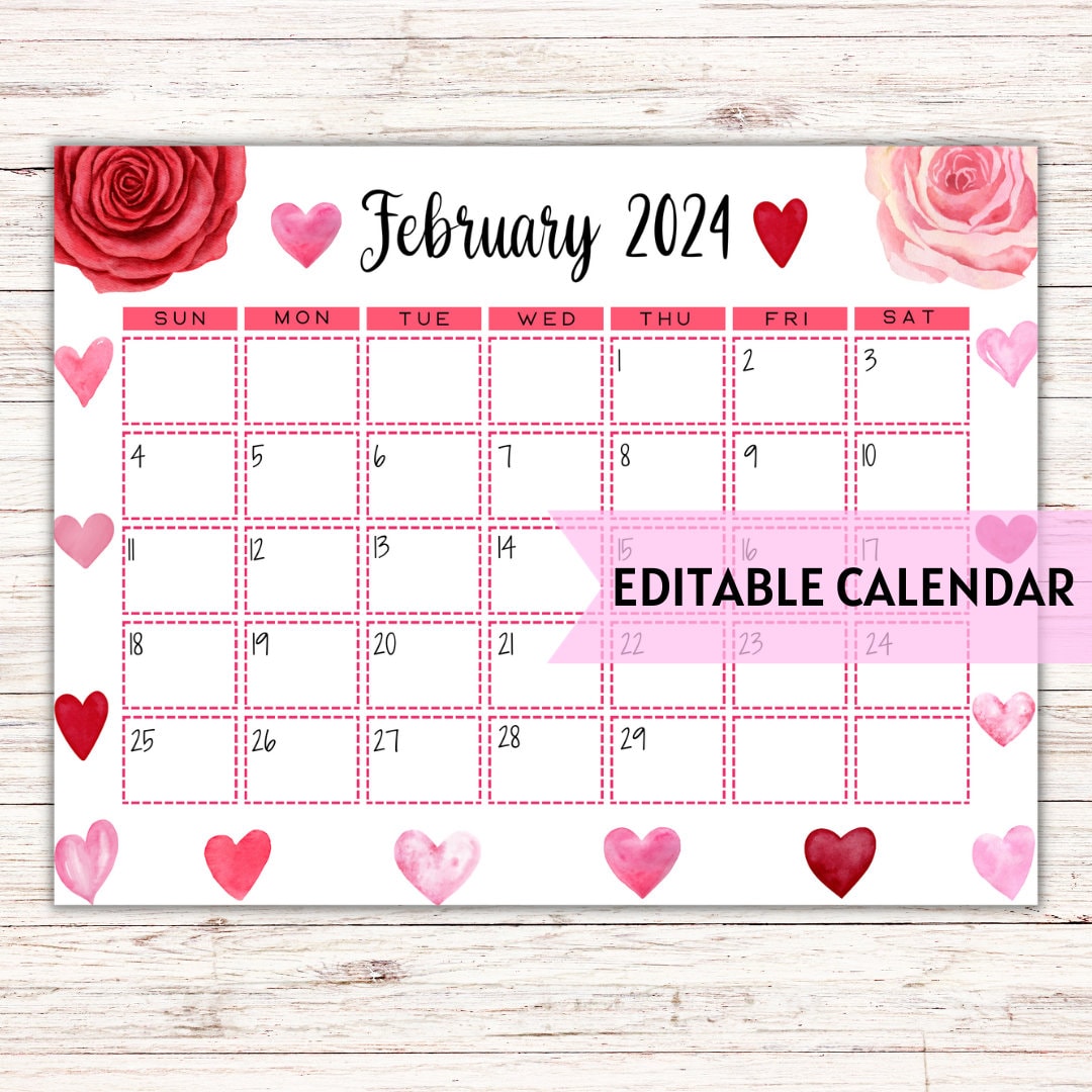 February 2024 calendar with a Valentine's Day theme